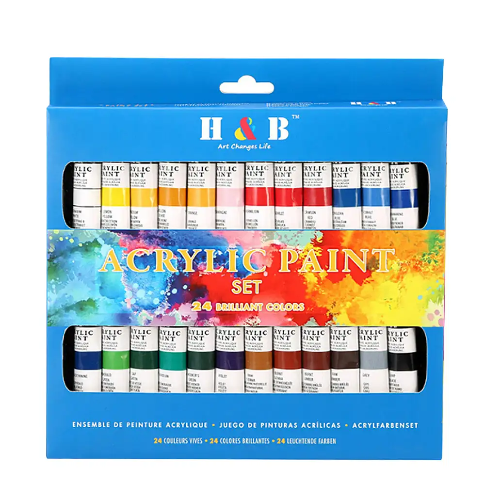 Set  Pintura acrílica para lienzos 24 colores en tubo con caja de almacenamiento. Pigmentos ricos, no decoloran. No tóxicas.