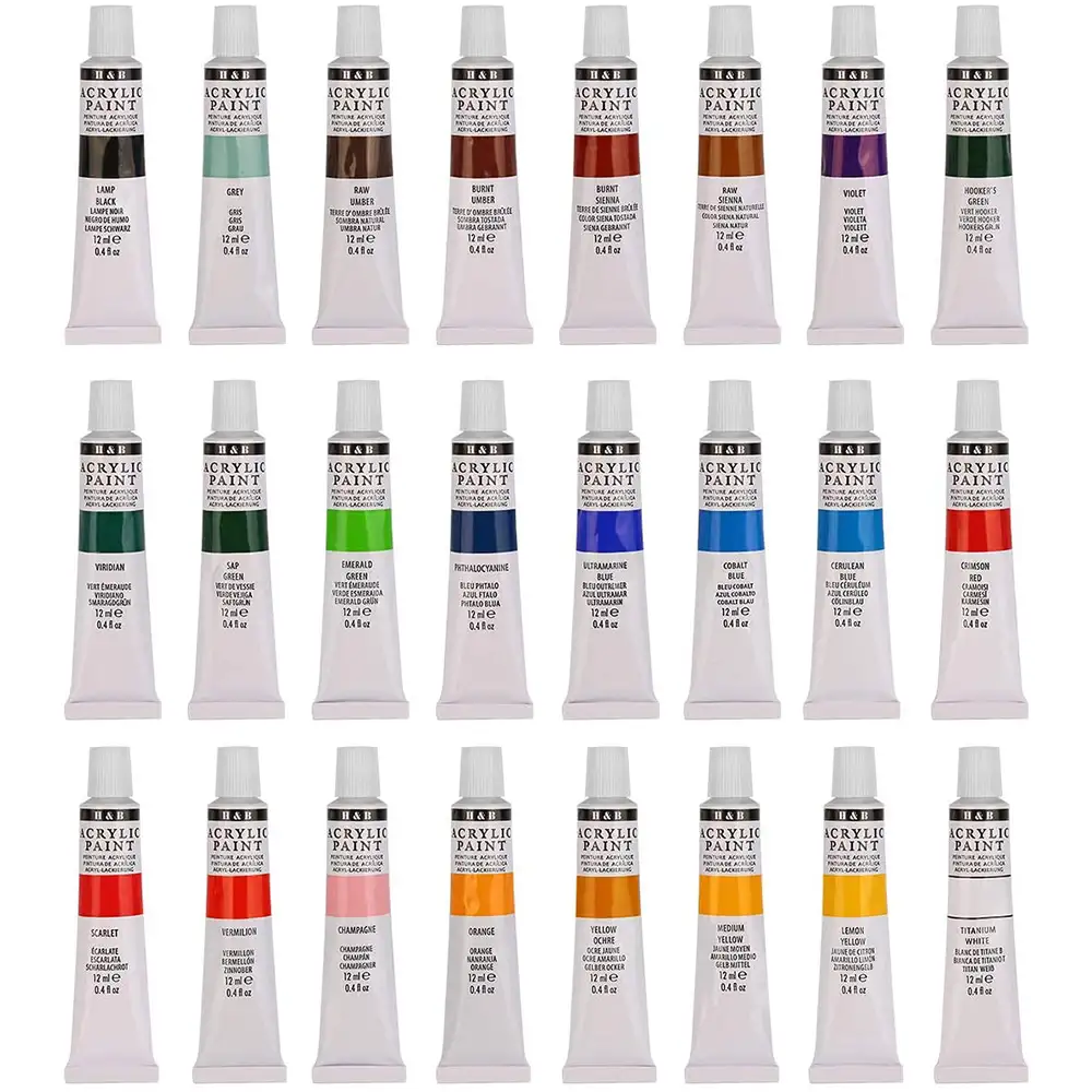 Set  Pintura acrílica para lienzos 24 colores en tubo con caja de almacenamiento. Pigmentos ricos, no decoloran. No tóxicas.
