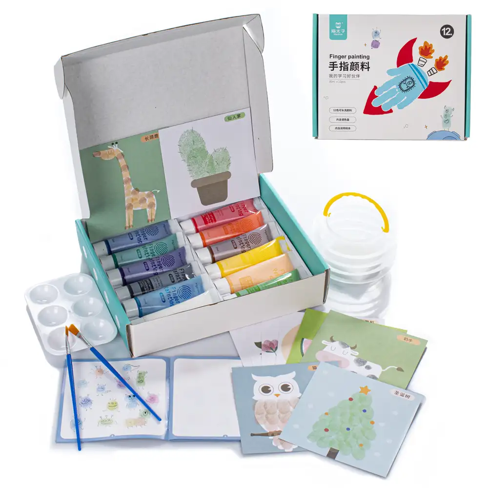 SET 12 colores Pintura acrilica para dedos no tóxica con accsorios.