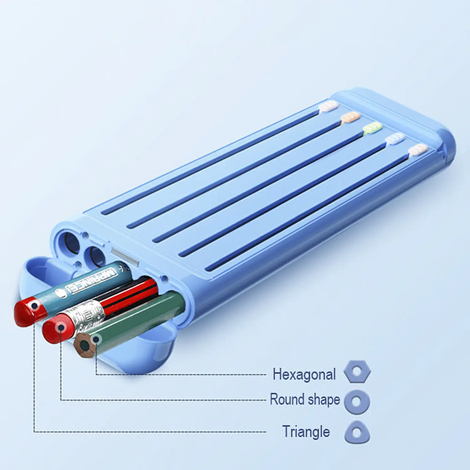 Estuche diseño exclusivo con tapa magnética con sistema automático de expulsión. Incluye 5 lápices de grafito, goma y regla.