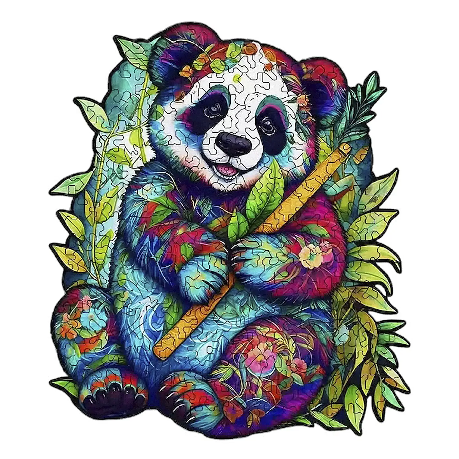 Puzzle de madera DIY forma de silueta. Con piezas individuales con diferentes diseños. En madera policromada. Tamaño A3 .DISEÑO PANDA BAMBOO.