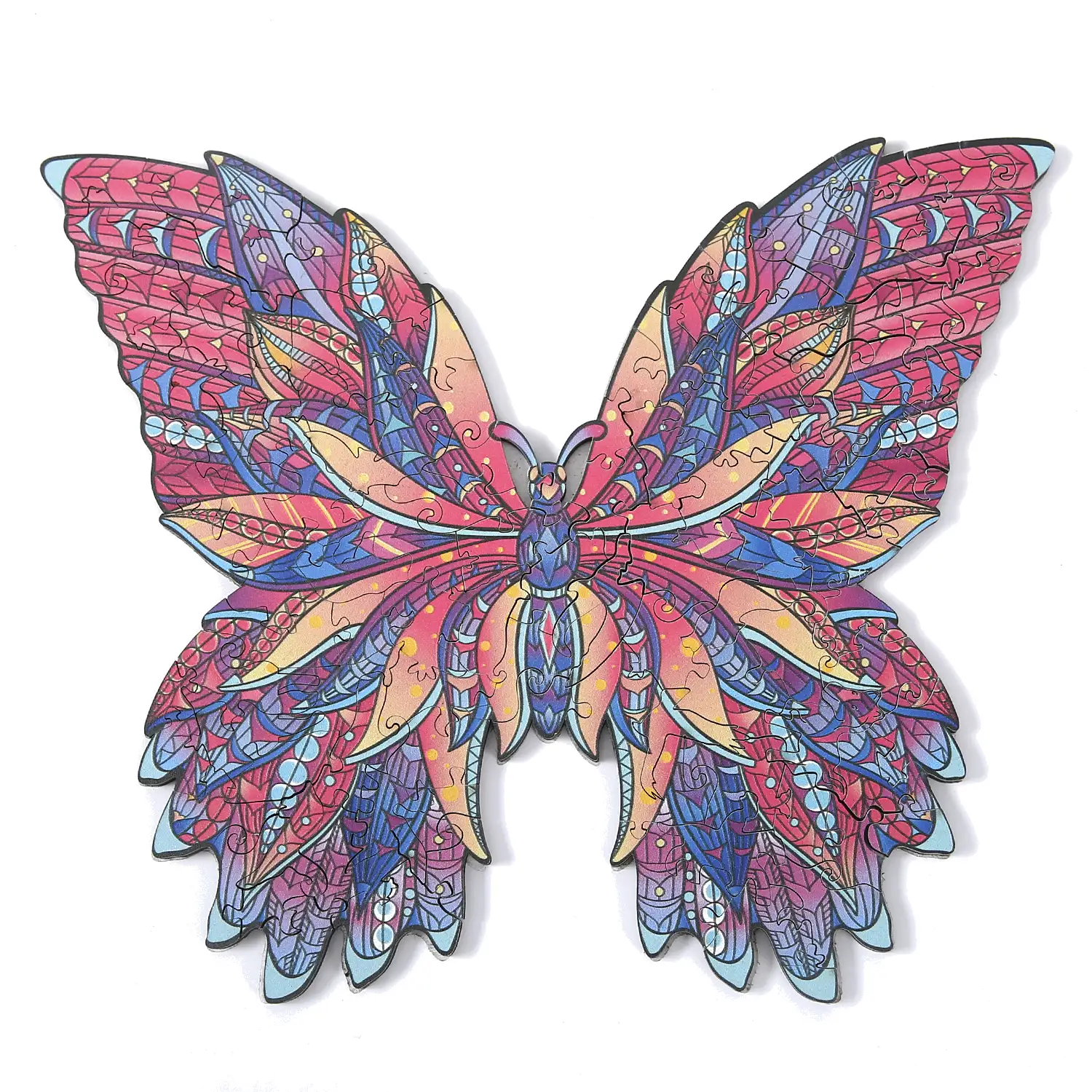 Puzzle de madera DIY forma de silueta . Con piezas individuales con diferentes diseños. En madera policromada. Tamaño A4 .DISEÑO MARIPOSA.