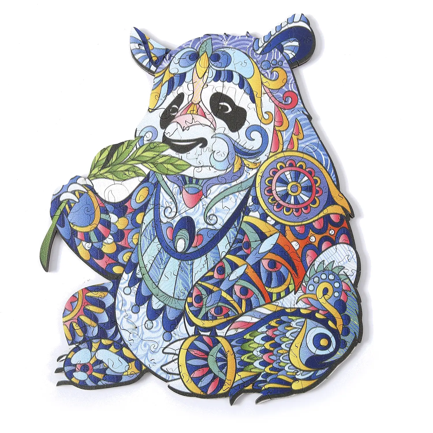 Puzzle de madera DIY forma de silueta . Con piezas individuales con diferentes diseños. En madera policromada. Tamaño A4 .DISEÑO PANDA.