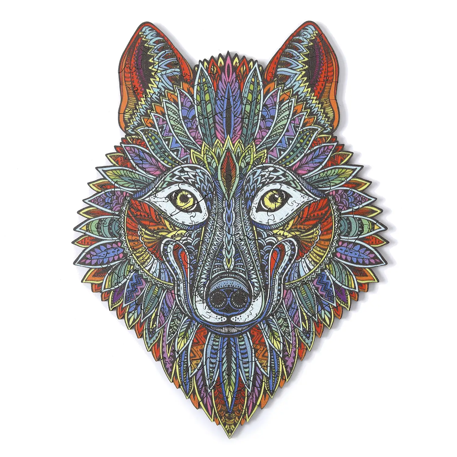 Puzzle de madera DIY forma de silueta . Con piezas individuales con diferentes diseños. En madera policromada. Tamaño A4 .DISEÑO LOBO.