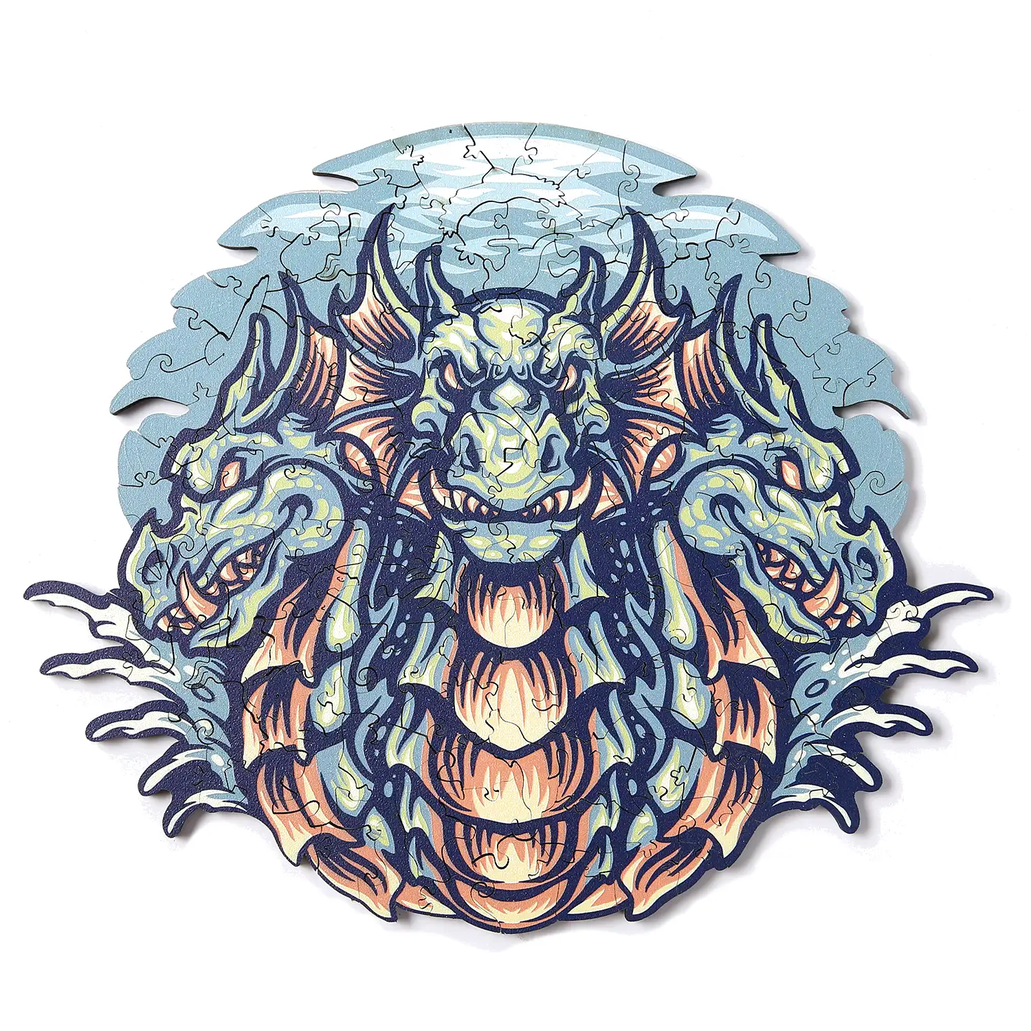 Puzzle de madera DIY forma de silueta . Con piezas individuales con diferentes diseños. En madera policromada. Tamaño A4.DISEÑO DRAGÓN.