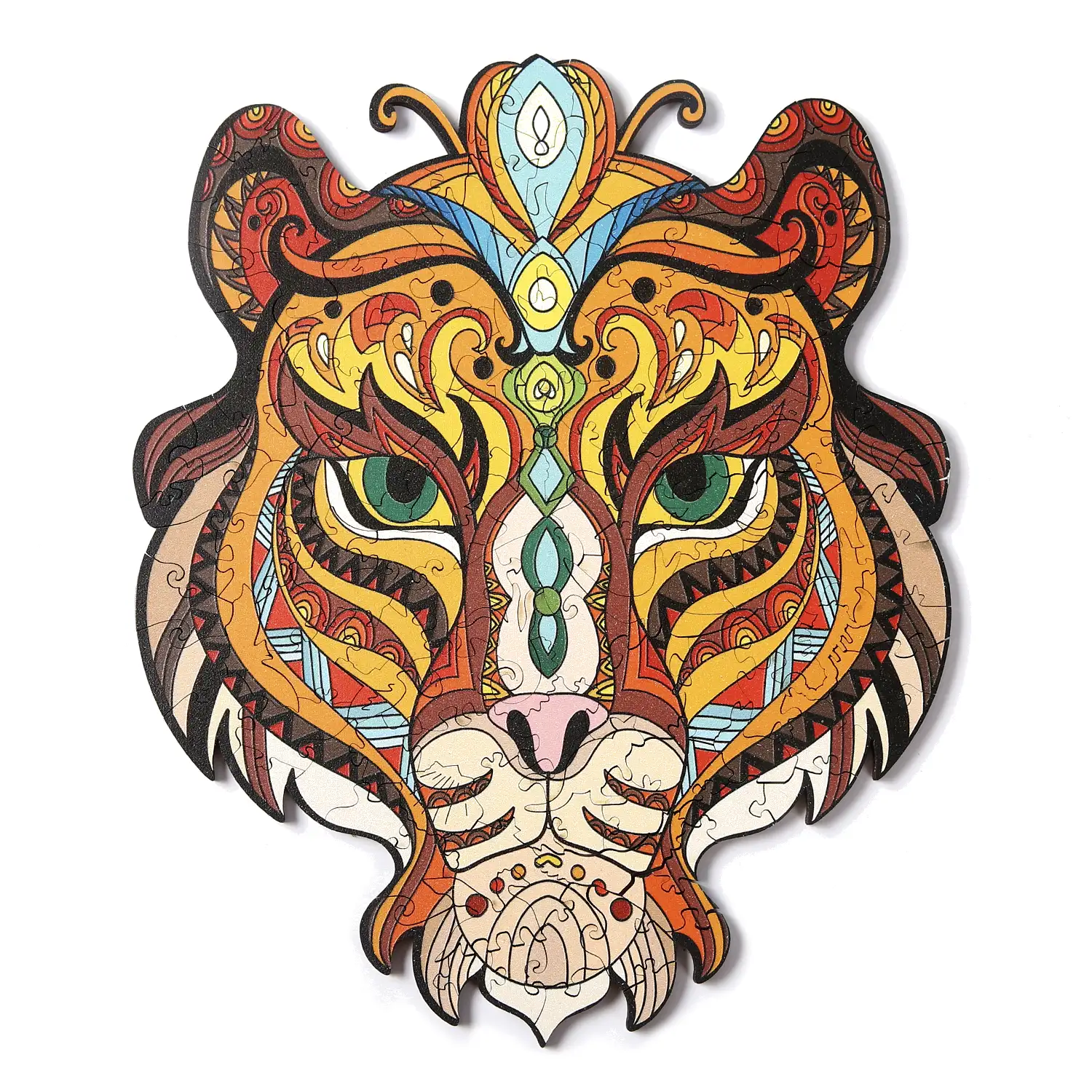 Puzzle de madera DIY forma de silueta . Con piezas individuales con diferentes diseños. En madera policromada. Tamaño A4 .DISEÑO TIGRE.