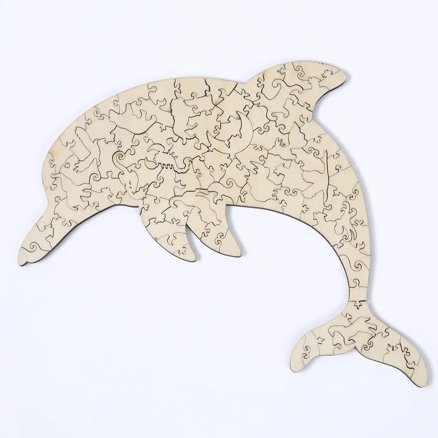Puzzle de madera DIY forma de silueta . Con piezas individuales con diferentes diseños. En madera policromada. Tamaño A4.DISEÑO DELFÍN.