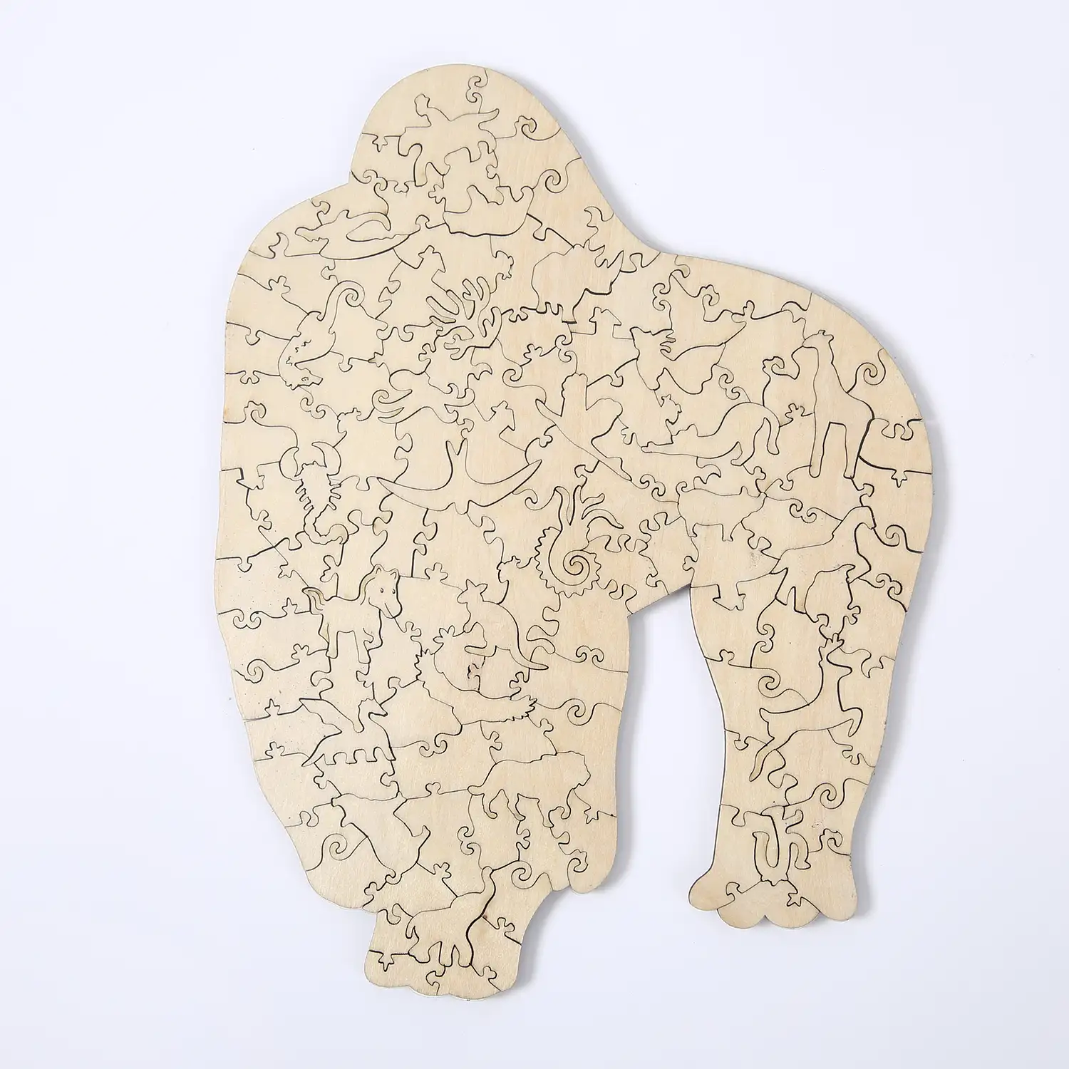 Puzzle de madera DIY forma de silueta . Con piezas individuales con diferentes diseños. En madera policromada. Tamaño A5 .DISEÑO GORILA.