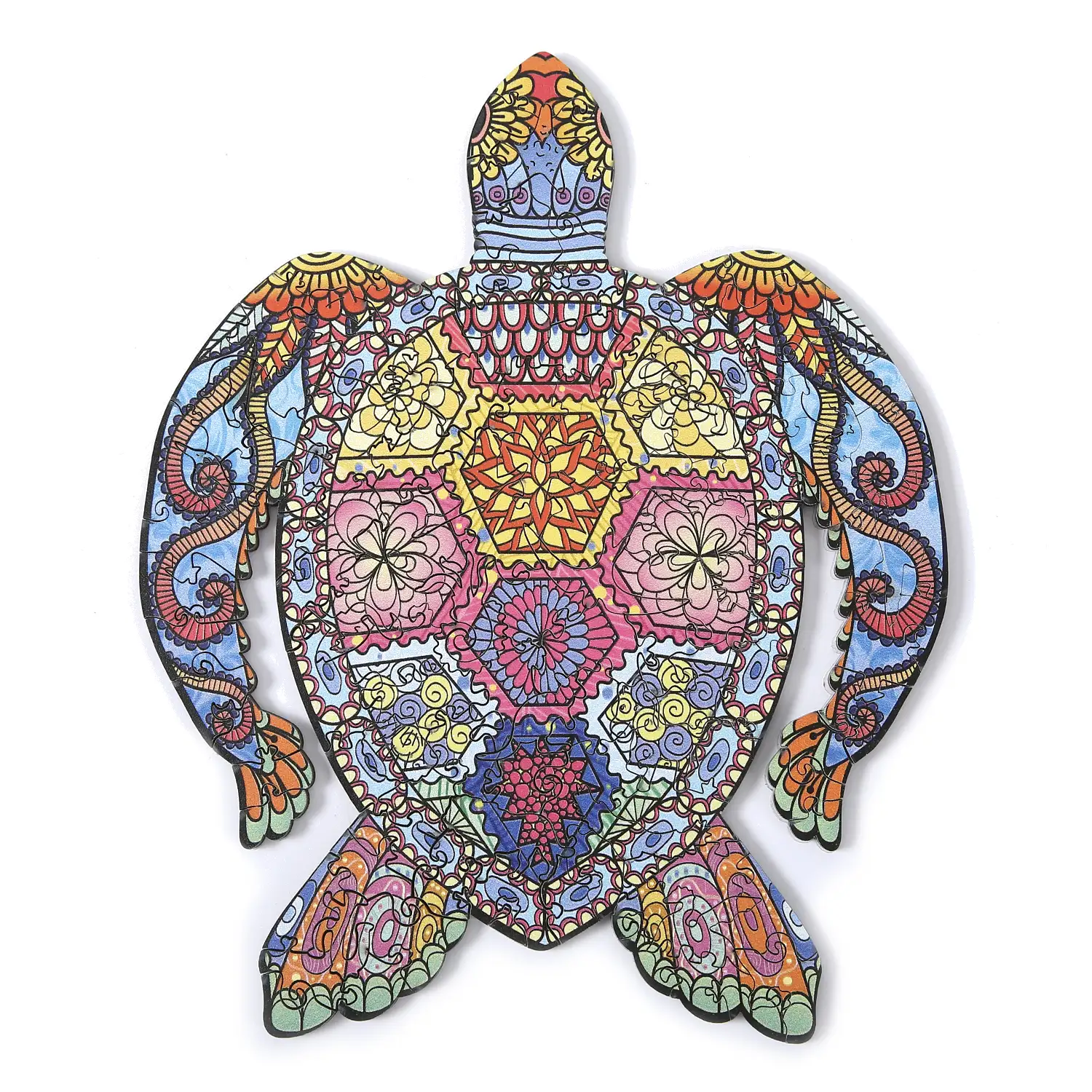 Puzzle de madera DIY forma de silueta . Con piezas individuales con diferentes diseños. En madera policromada. Tamaño A5 .DISEÑO TORTUGA.