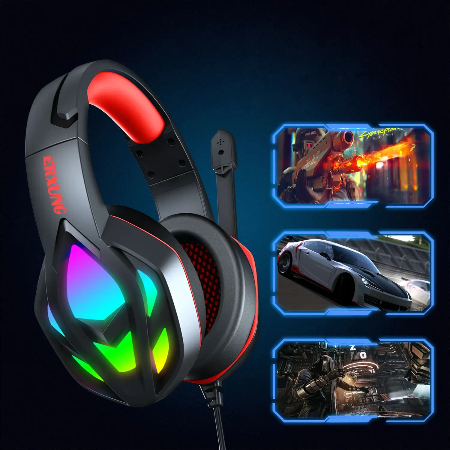 Headset H1003 Ultra-Flexible Premium .10 luces FULL RGB. Auriculares gaming con micro, conexión minijack para PC, portátil, PS4, Xbox One, móvil, tablet.