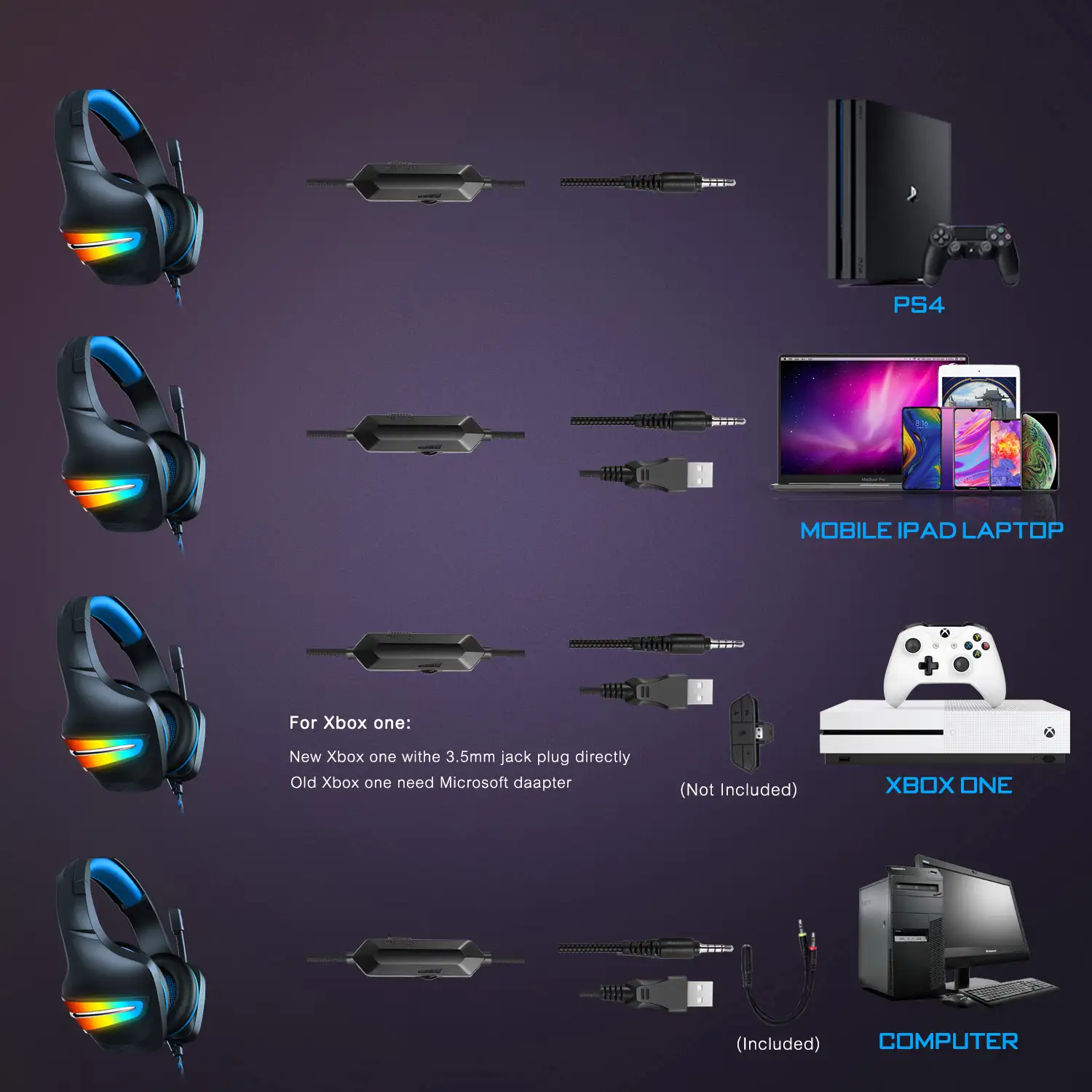 Headset J6 Ultra-Flexible Premium .11 luces FULL RGB. Auriculares gaming con micro, conexión minijack para PC, portátil, PS4, Xbox One, móvil, tablet.