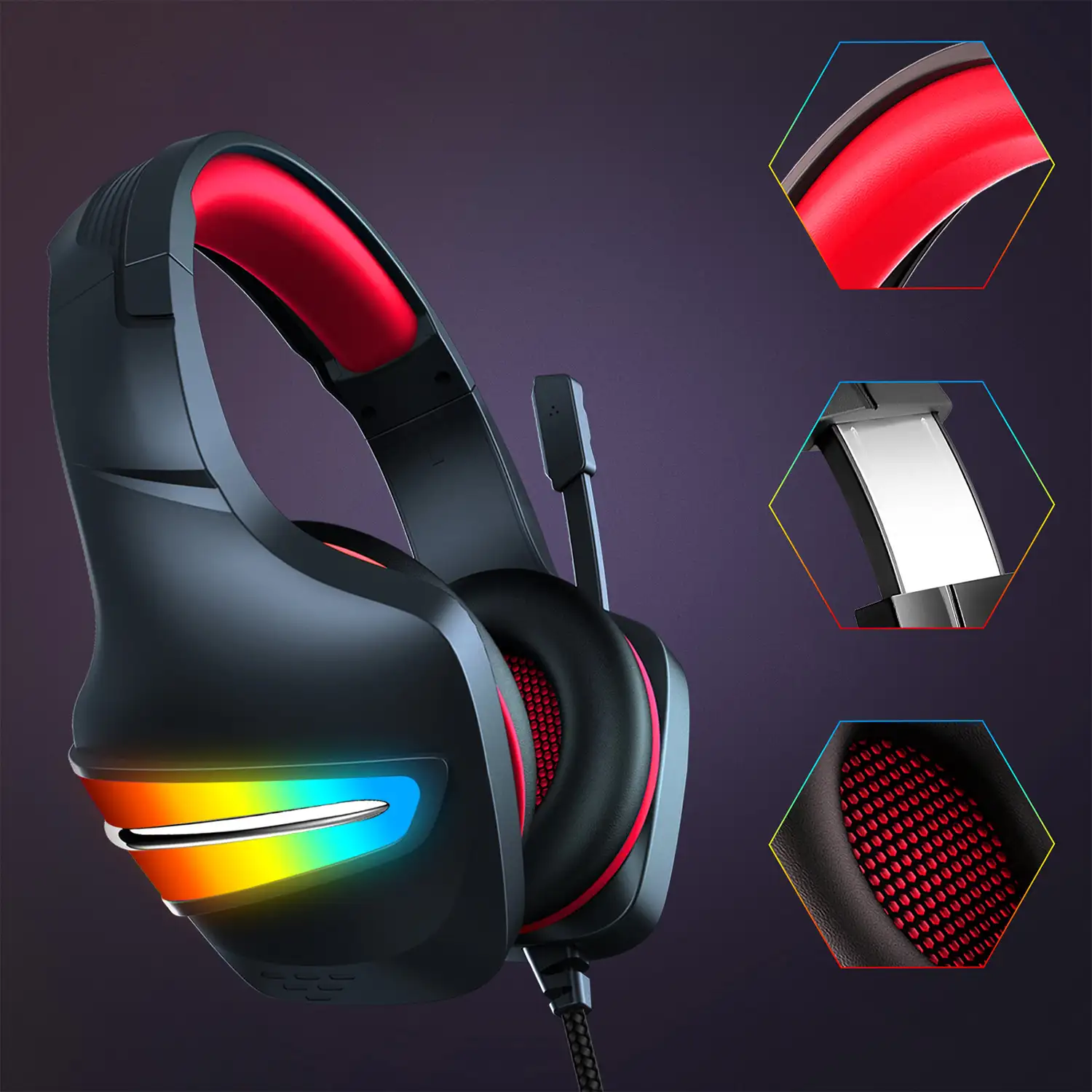 Headset J6 Ultra-Flexible Premium .11 luces FULL RGB. Auriculares gaming con micro, conexión minijack para PC, portátil, PS4, Xbox One, móvil, tablet.