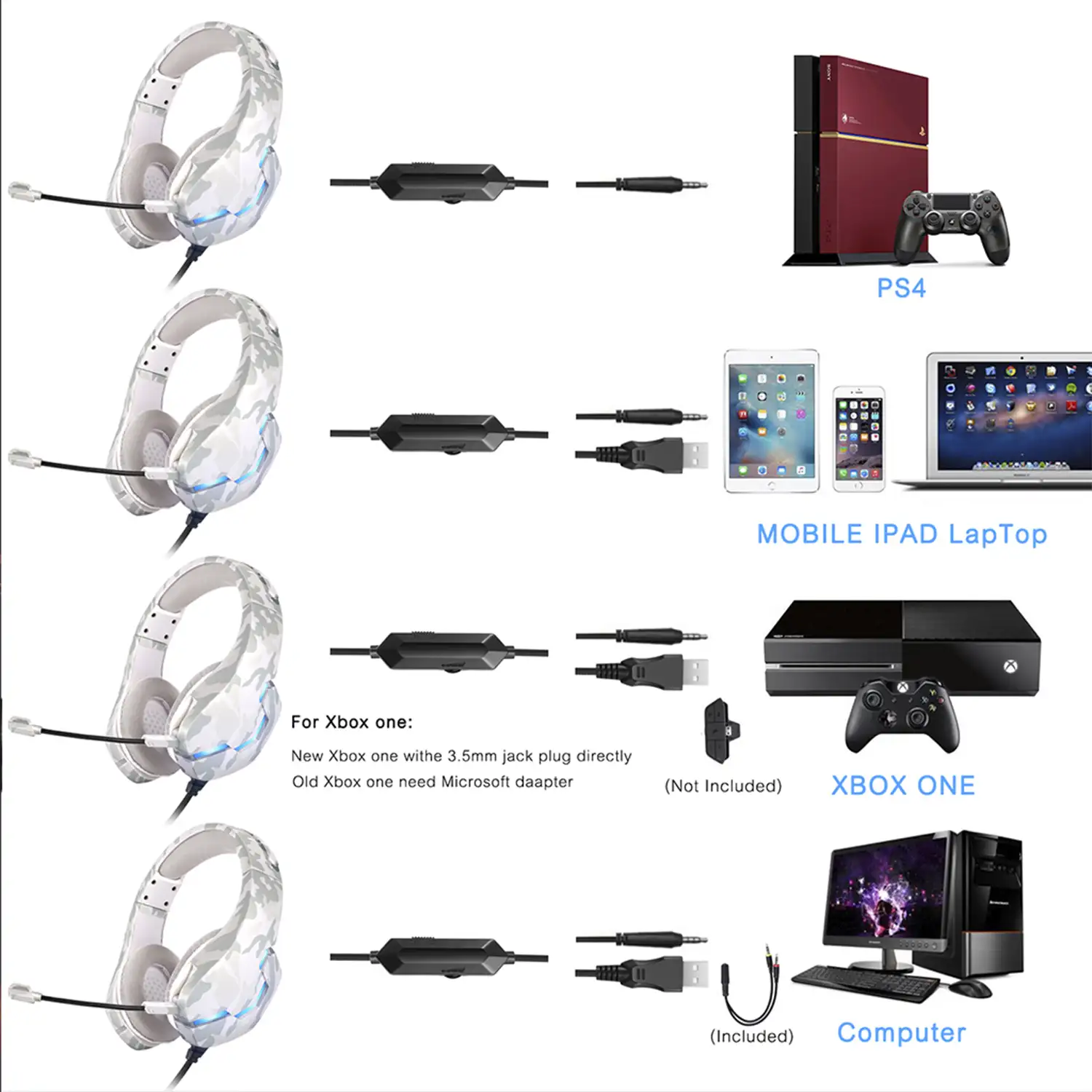 Headset J10 Ultra-Flexible Premium .13 luces FULL RGB. Auriculares gaming con micro, conexión minijack para PC, portátil, PS4, Xbox One, móvil, tablet.