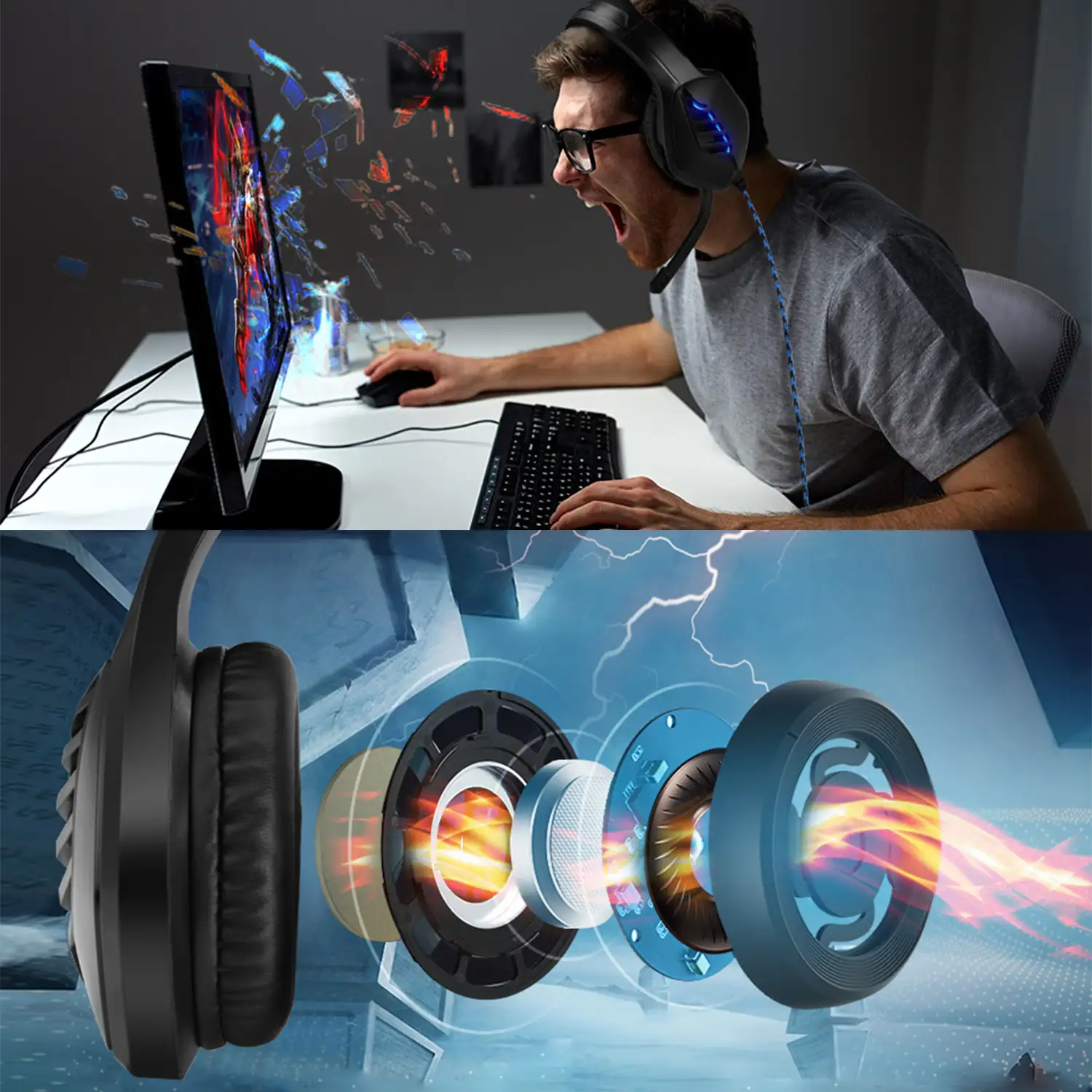 Headset J1 Ultra-Flexible Premium con luces. Auriculares gaming con micro, conexión minijack para PC, portátil, PS4, Xbox One, móvil, tablet. Cancelación de micrófono.