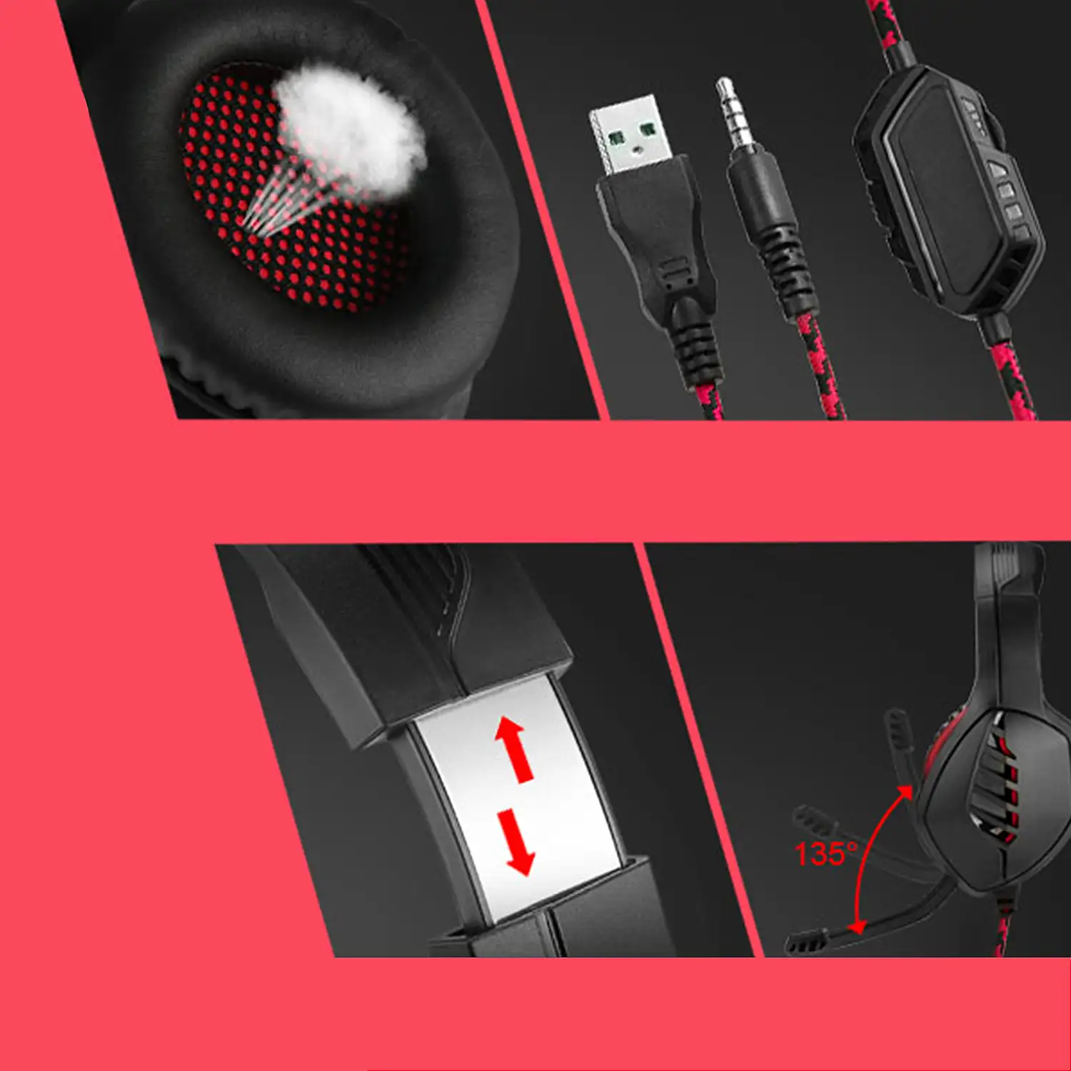 Headset J1 Ultra-Flexible Premium con luces. Auriculares gaming con micro, conexión minijack para PC, portátil, PS4, Xbox One, móvil, tablet. Cancelación de micrófono.