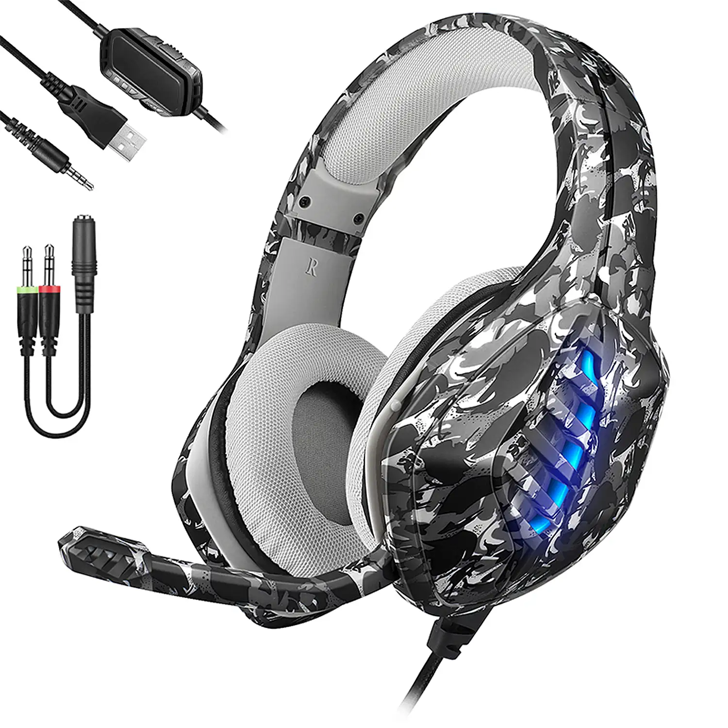 Headset J1 Ultra-Flexible Premium con 15 full led RB. Auriculares gaming con micro, conexión minijack para PC, portátil, PS4, Xbox One, móvil, tablet. Cancelación de micrófono.