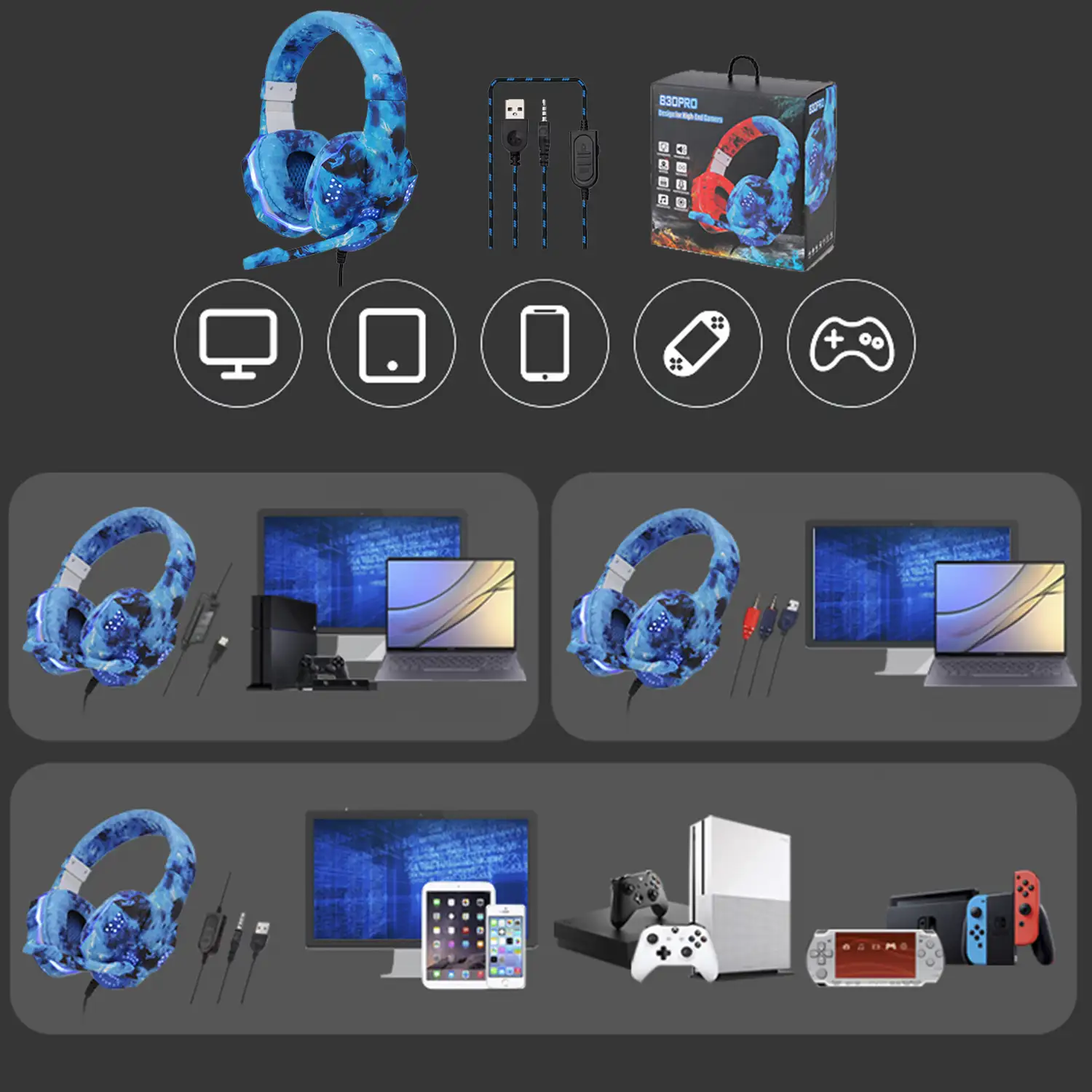 Headset SY830MV con luces led. Auriculares gaming con micro, conexión minijack para PC, portátil, PS4, Xbox One, móvil, tablet. Control de Volumen