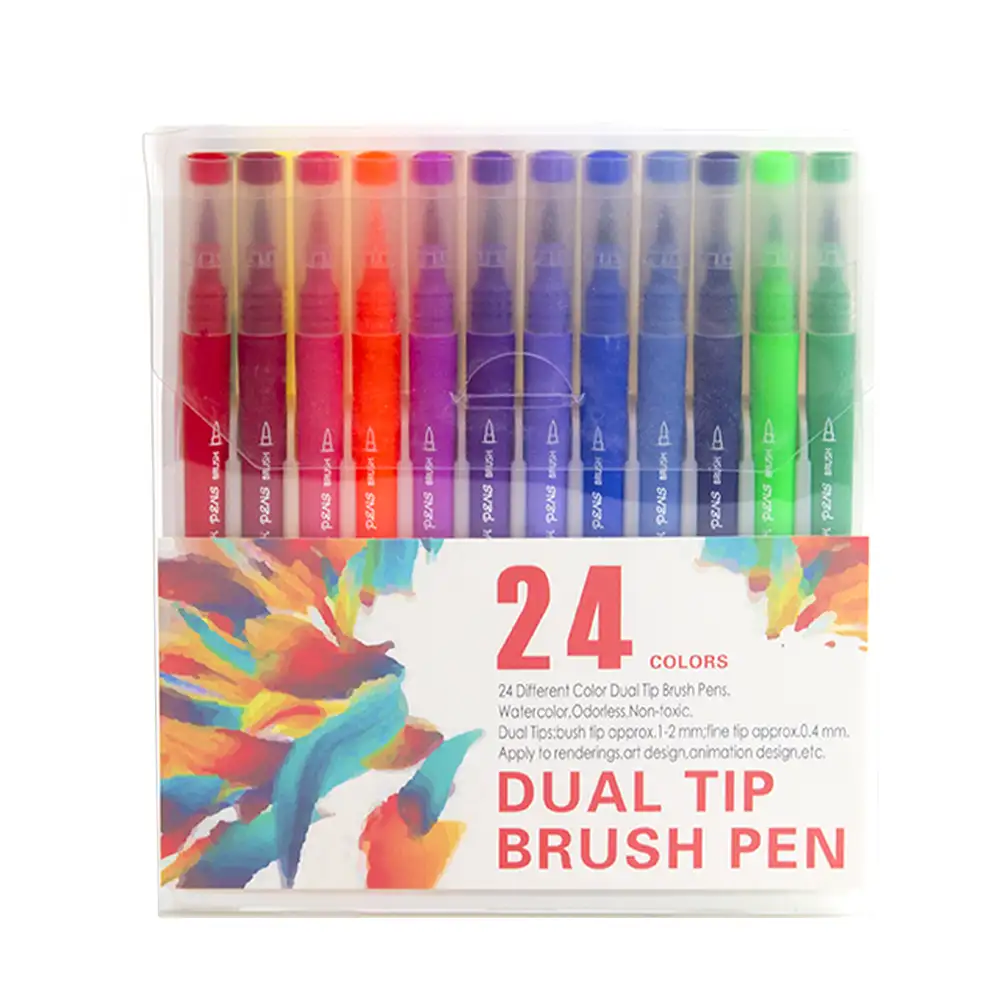 Set 24 Rotuladores color doble punta, punta fina 0,4 mms y punta pincel acuarelable profesional. Forma triángular ergonómica para lettering, caligrafía, ilustraciones…