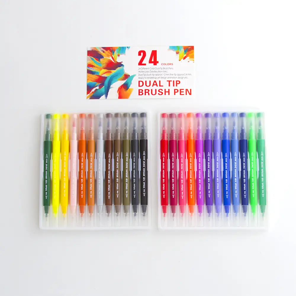 Set 24 Rotuladores color doble punta, punta fina 0,4 mms y punta pincel acuarelable profesional. Forma triángular ergonómica para lettering, caligrafía, ilustraciones…