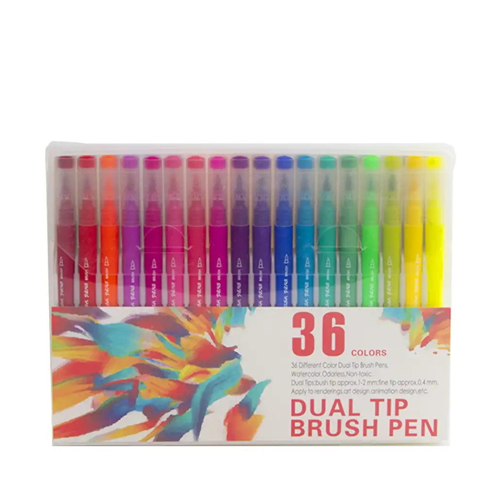 Set 36 Rotuladores color doble punta, punta fina 0,4 mms y punta pincel acuarelable profesional. Forma triángular ergonómica para lettering, caligrafía, ilustraciones…