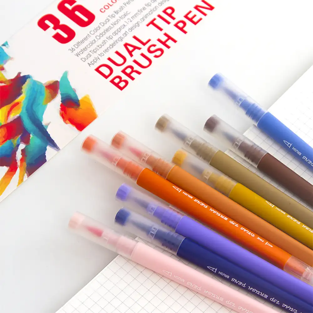 Set 36 Rotuladores color doble punta, punta fina 0,4 mms y punta pincel acuarelable profesional. Forma triángular ergonómica para lettering, caligrafía, ilustraciones…