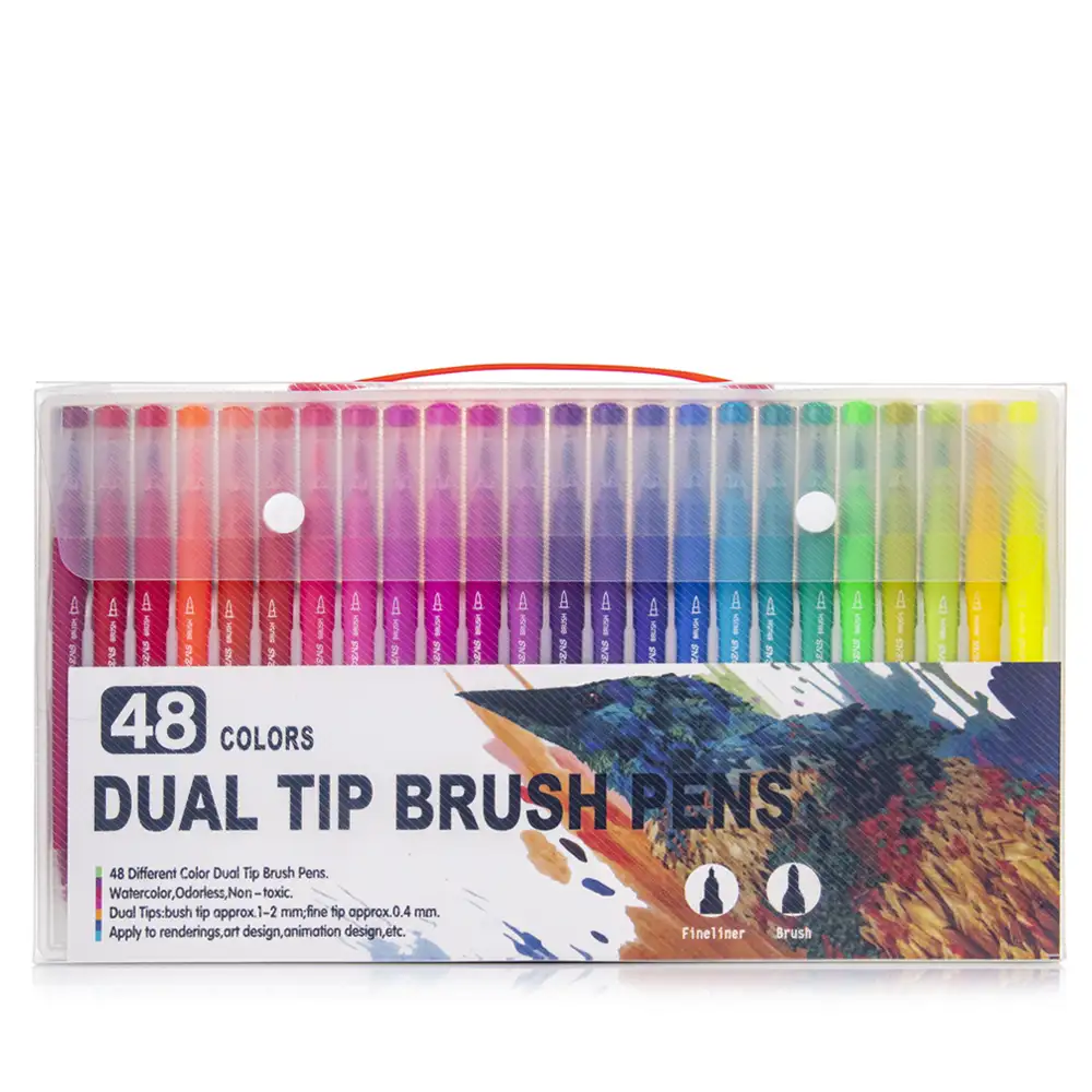 Set 48 Rotuladores color doble punta, punta fina 0,4 mms y punta pincel acuarelable profesional. Forma triángular ergonómica para lettering, caligrafía, ilustraciones…