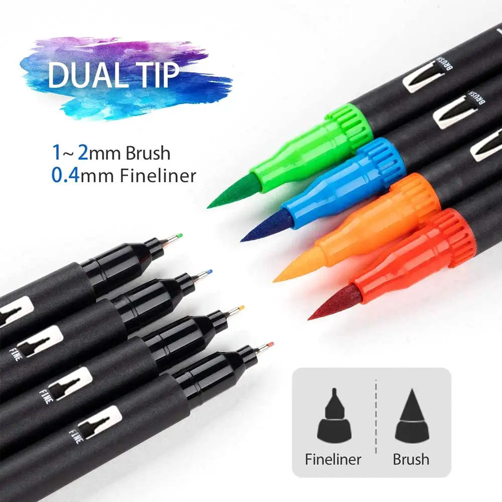 Set 100 Rotuladores color DUAL ART BLACK LINE  doble punta, punta fina 0,4 mms y punta pincel acuarelable profesional. Forma triángular ergonómica para lettering, caligrafía, ilustraciones…