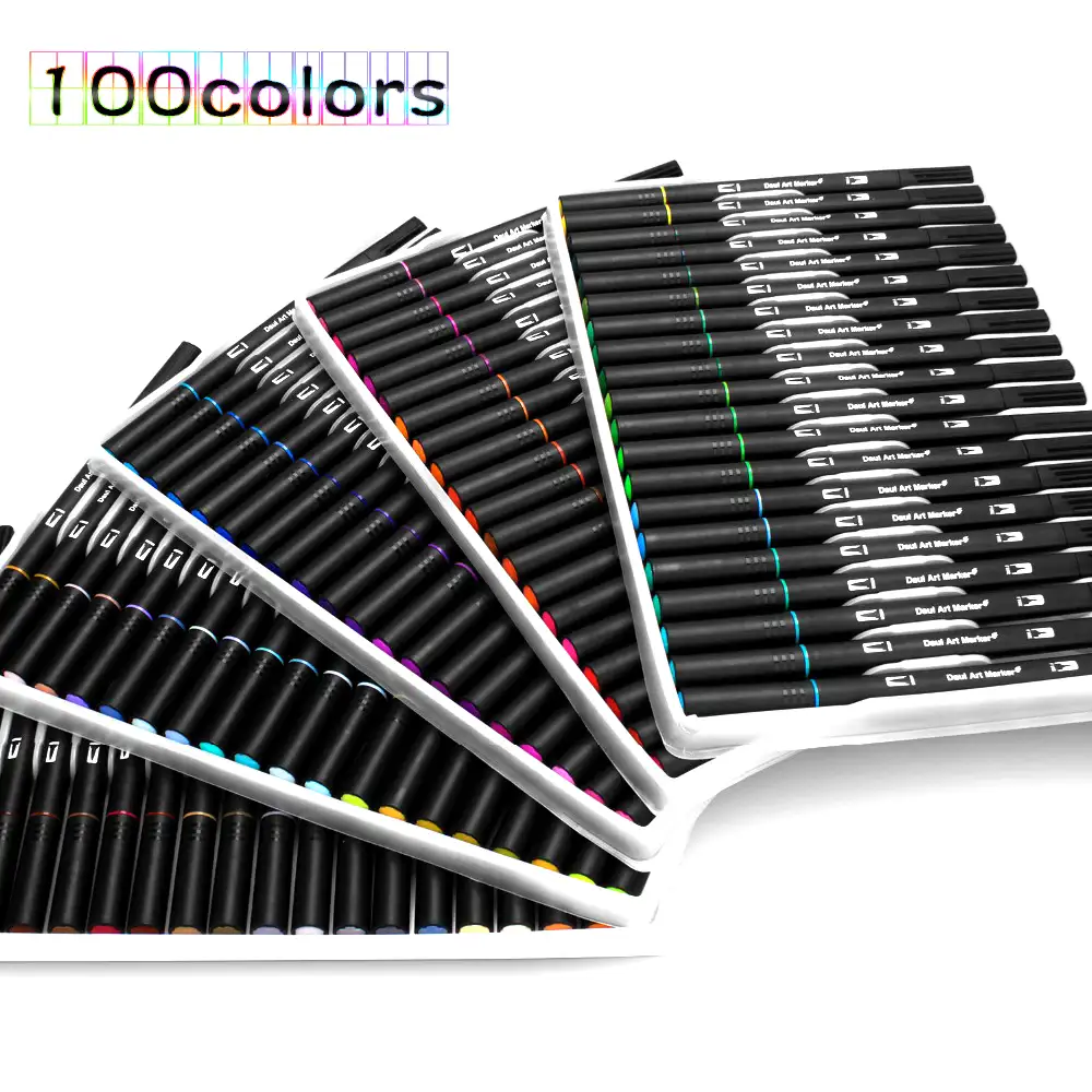 Set 100 Rotuladores color DUAL ART BLACK LINE  doble punta, punta fina 0,4 mms y punta pincel acuarelable profesional. Forma triángular ergonómica para lettering, caligrafía, ilustraciones…