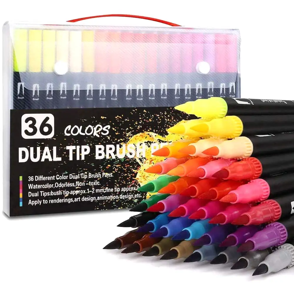 Set 36 Rotuladores color DUAL ART BLACK LINE  doble punta, punta fina 0,4 mms y punta pincel acuarelable profesional. Forma triángular ergonómica para lettering, caligrafía, ilustraciones…