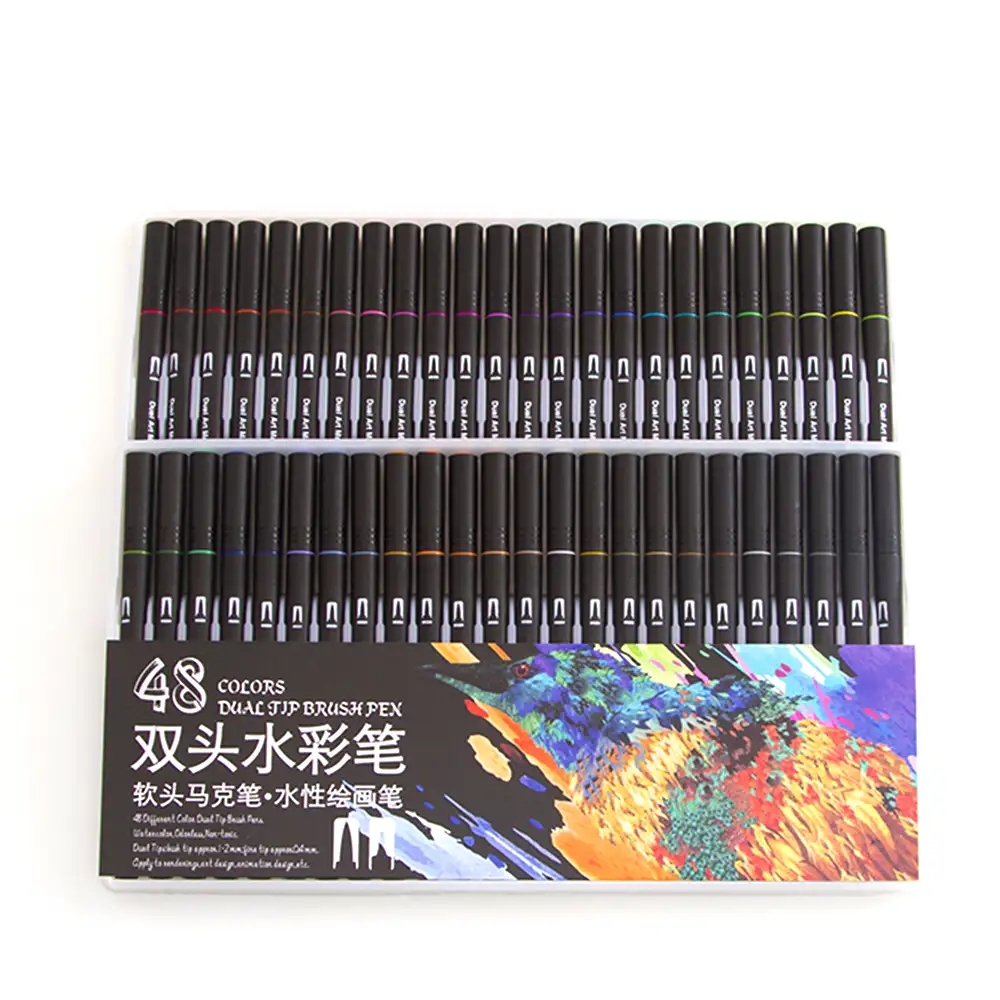 Set 48 Rotuladores color DUAL ART BLACK LINE  doble punta, punta fina 0,4 mms y punta pincel acuarelable profesional. Forma triángular ergonómica para lettering, caligrafía, ilustraciones…