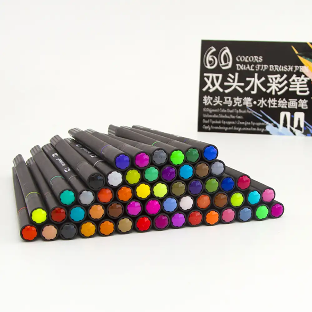 Set 60 Rotuladores color DUAL ART BLACK LINE  doble punta, punta fina 0,4 mms y punta pincel acuarelable profesional. Forma triángular ergonómica para lettering, caligrafía, ilustraciones…