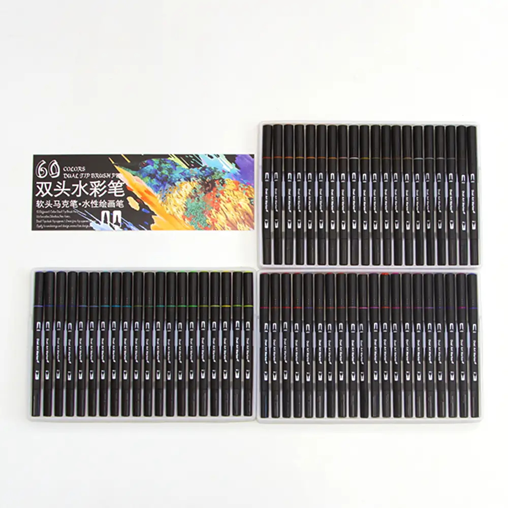 Set 60 Rotuladores color DUAL ART BLACK LINE  doble punta, punta fina 0,4 mms y punta pincel acuarelable profesional. Forma triángular ergonómica para lettering, caligrafía, ilustraciones…