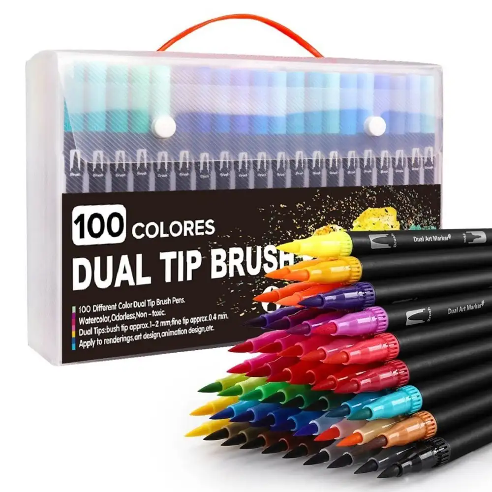 Set 100  Rotuladores BLACK LINEcolor doble punta, punta fina 0,4 mms y punta pincel acuarelable profesional. Forma redonda ergonómica para lettering, caligrafía, ilustraciones…