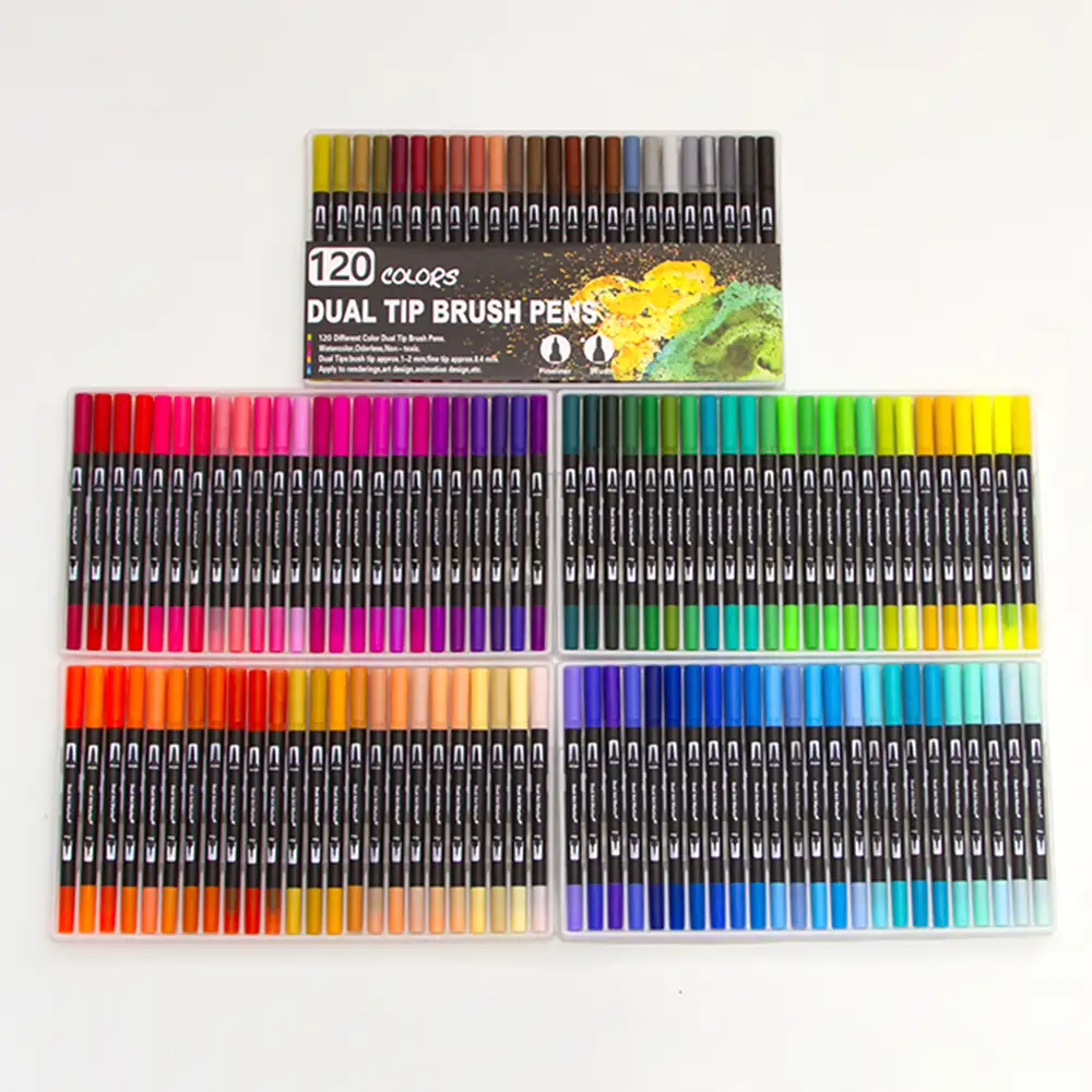 Set 120  Rotuladores BLACK LINE color doble punta, punta fina 0,4 mms y punta pincel acuarelable profesional. Forma redonda ergonómica para lettering, caligrafía, ilustraciones…