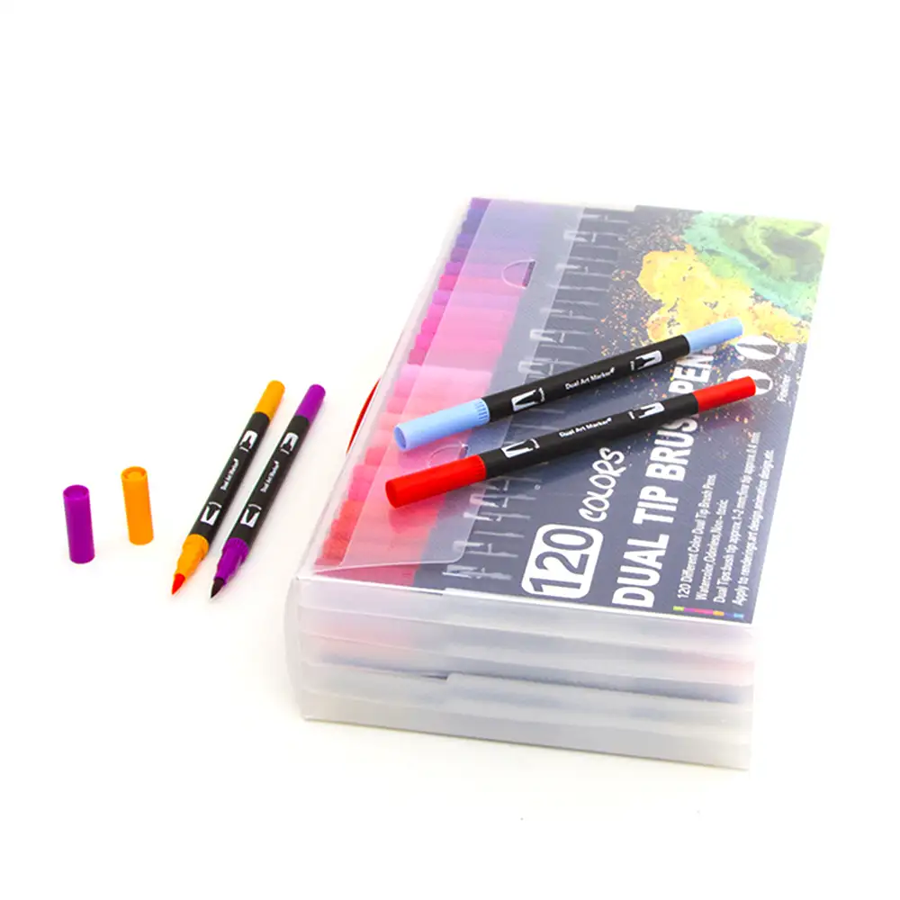 Set 120  Rotuladores BLACK LINE color doble punta, punta fina 0,4 mms y punta pincel acuarelable profesional. Forma redonda ergonómica para lettering, caligrafía, ilustraciones…