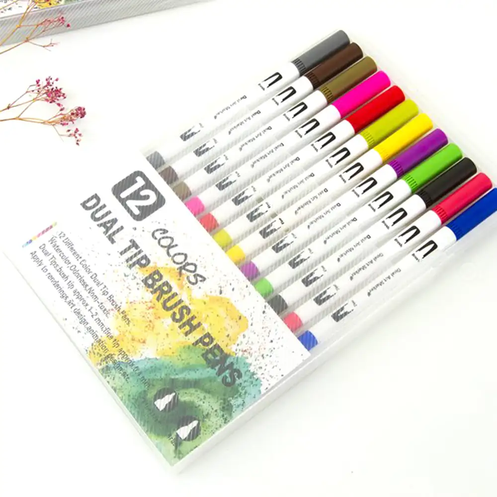 Set 12  Rotuladores BLACK LINE color doble punta, punta fina 0,4 mms y punta pincel acuarelable profesional. Forma redonda ergonómica para lettering, caligrafía, ilustraciones…