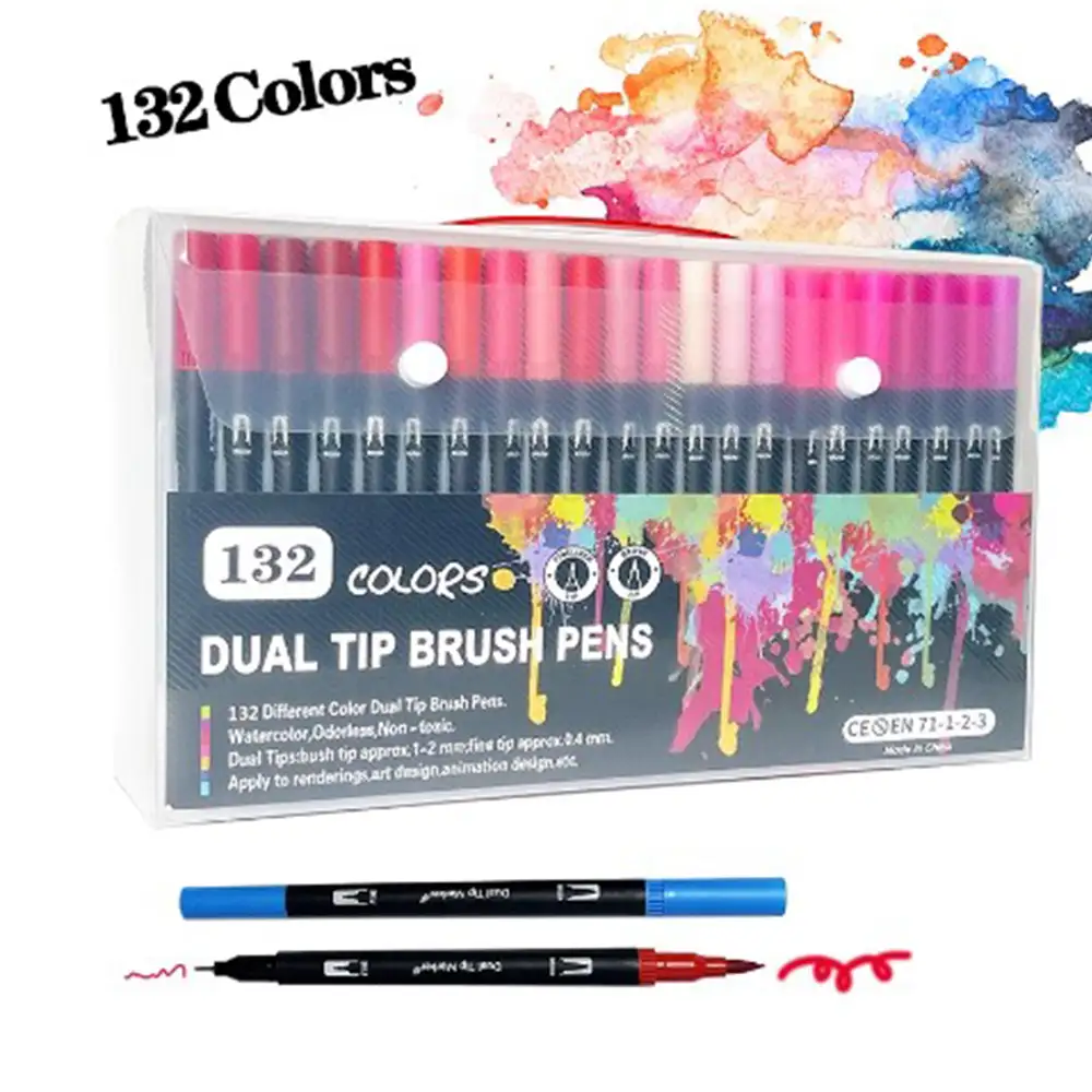 Set 132  Rotuladores BLACK LINE color doble punta, punta fina 0,4 mms y punta pincel acuarelable profesional. Forma redonda ergonómica para lettering, caligrafía, ilustraciones…