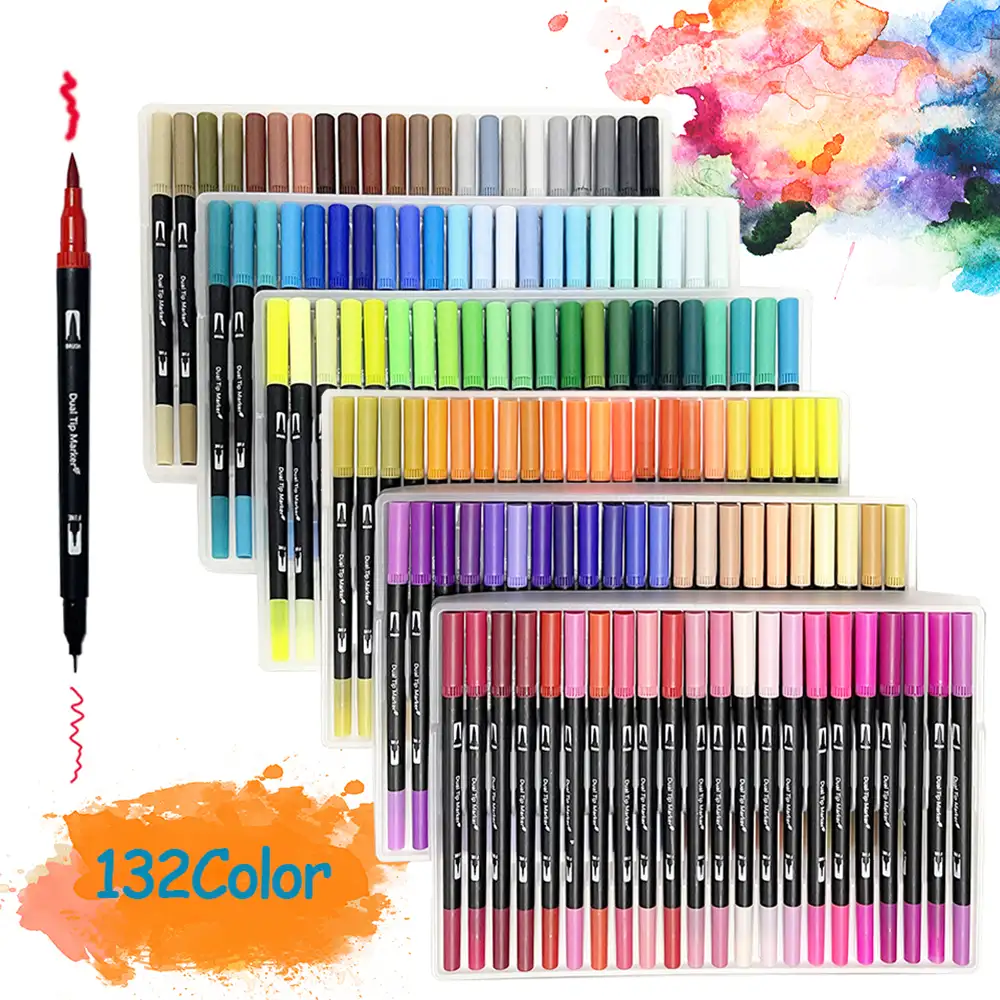 Set 132  Rotuladores BLACK LINE color doble punta, punta fina 0,4 mms y punta pincel acuarelable profesional. Forma redonda ergonómica para lettering, caligrafía, ilustraciones…