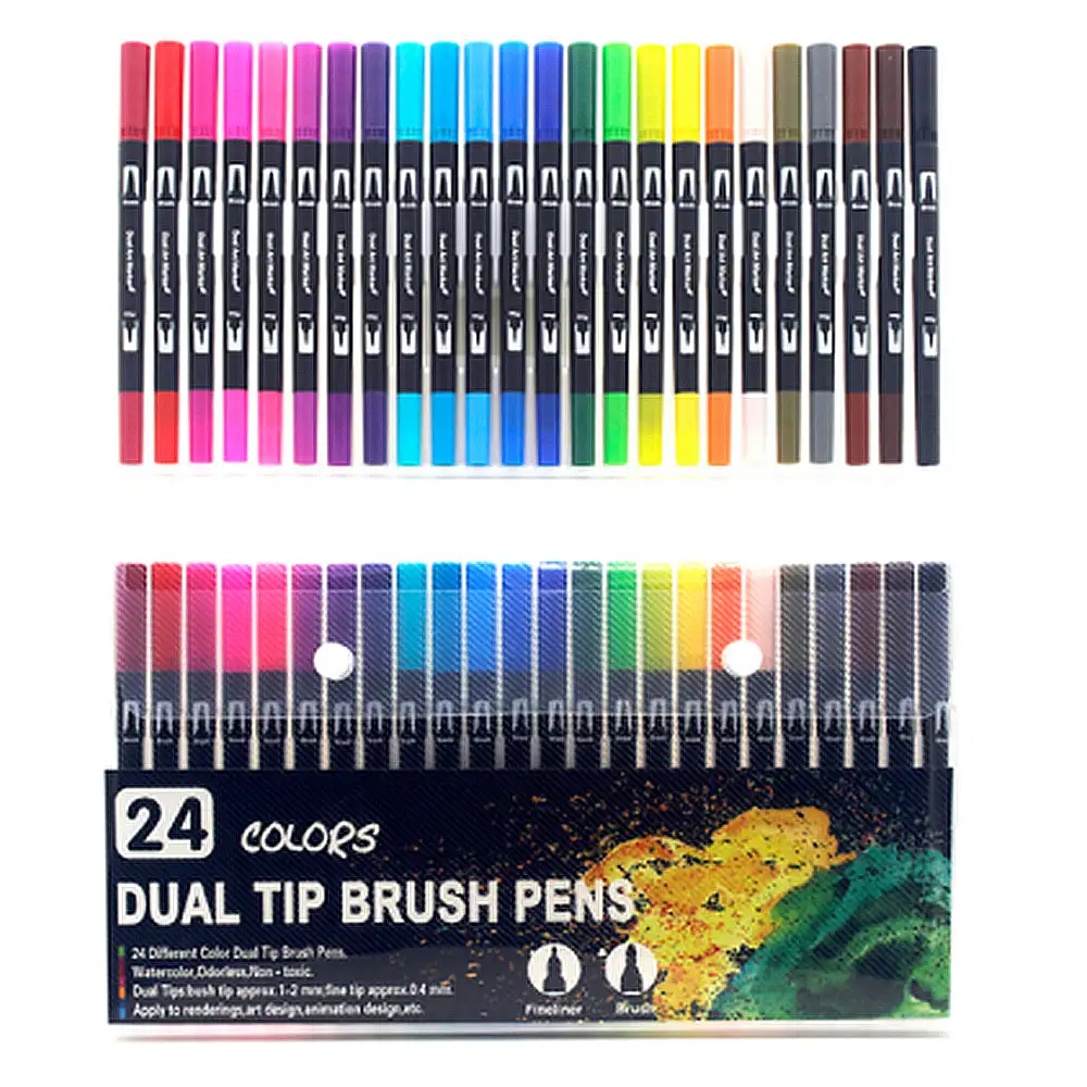 Set 24 Rotuladores BLACK LINE color doble punta, punta fina 0,4 mms y punta pincel acuarelable profesional. Forma redonda ergonómica para lettering, caligrafía, ilustraciones…