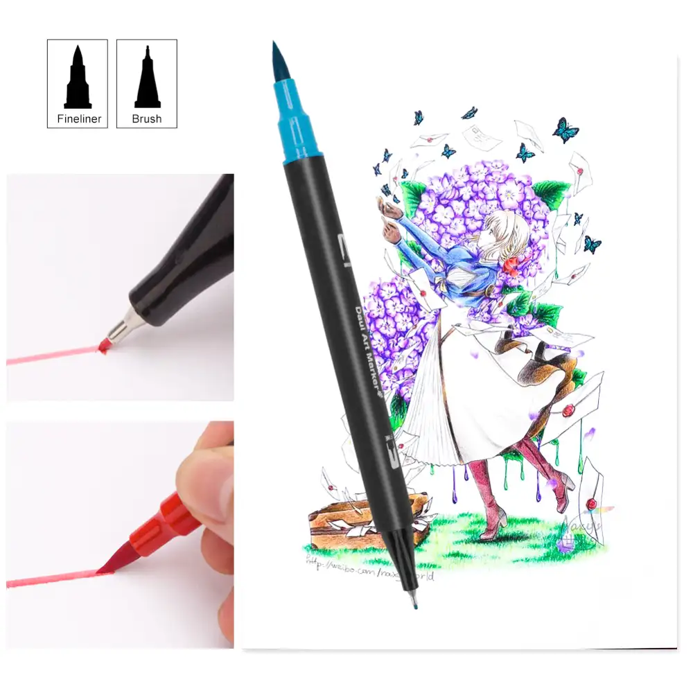 Set 24 Rotuladores BLACK LINE color doble punta, punta fina 0,4 mms y punta pincel acuarelable profesional. Forma redonda ergonómica para lettering, caligrafía, ilustraciones…