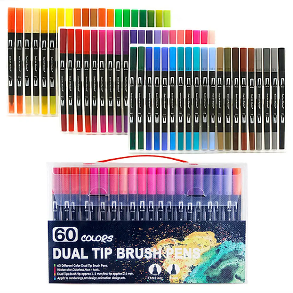 Set 60  Rotuladores BLACK LINE color doble punta, punta fina 0,4 mms y punta pincel acuarelable profesional. Forma redonda ergonómica para lettering, caligrafía, ilustraciones…