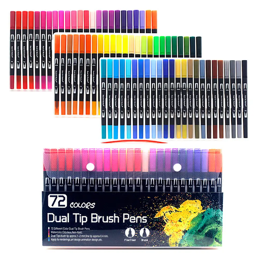 Set 72  Rotuladores BLACK LINE color doble punta, punta fina 0,4 mms y punta pincel acuarelable profesional. Forma redonda ergonómica para lettering, caligrafía, ilustraciones…