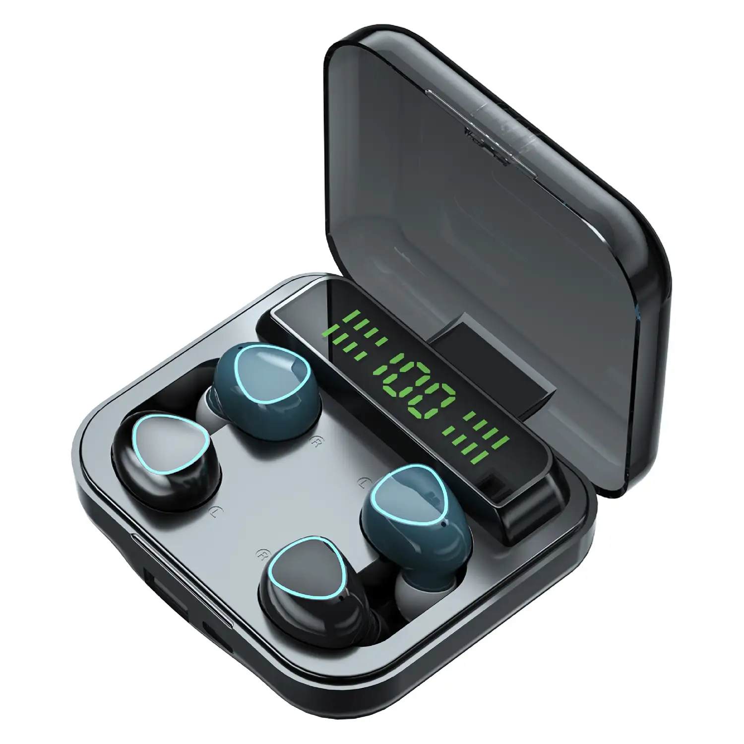 Auriculares TWS M22, Bluetooth 5.1. Dos pares de auriculares, controles táctiles. Base de carga 2000mAh con powerbank USB y pantalla indicadora de carga.