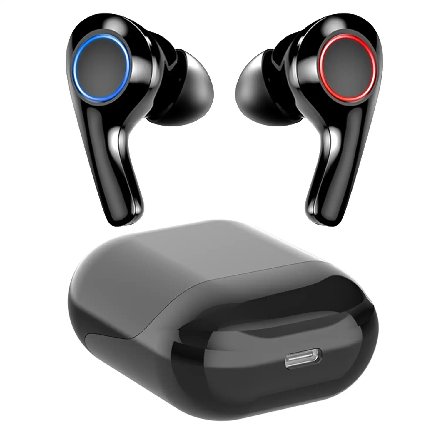 Auriculares PT08 TWS, Bluetooth 5.0. Base de carga con nivel de batería. Control táctil de reproducción musical y llamadas.