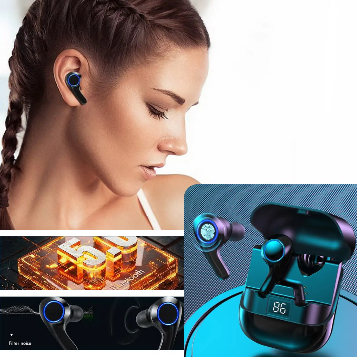 Auriculares PT08 TWS, Bluetooth 5.0. Base de carga con nivel de batería. Control táctil de reproducción musical y llamadas.