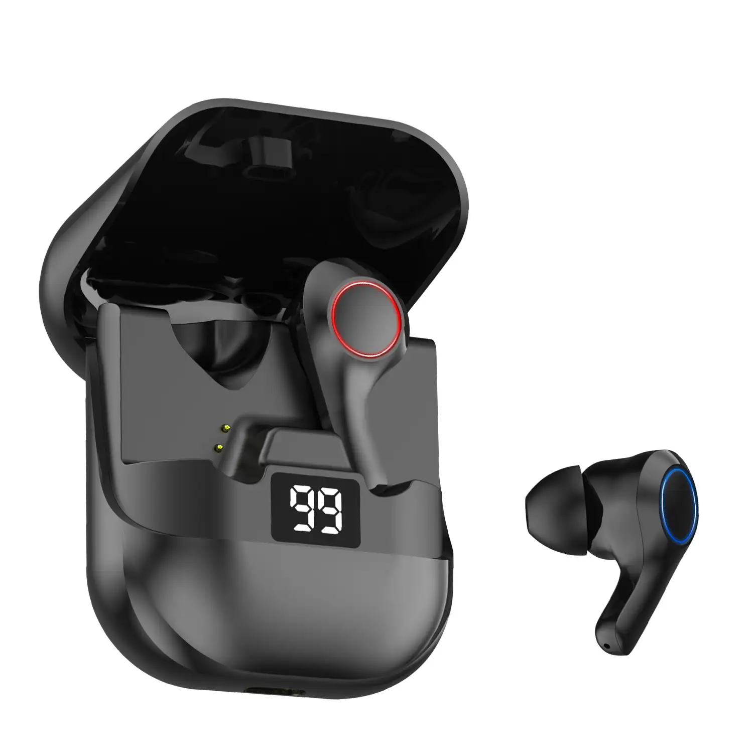 Auriculares PT08 TWS, Bluetooth 5.0. Base de carga con nivel de batería. Control táctil de reproducción musical y llamadas.