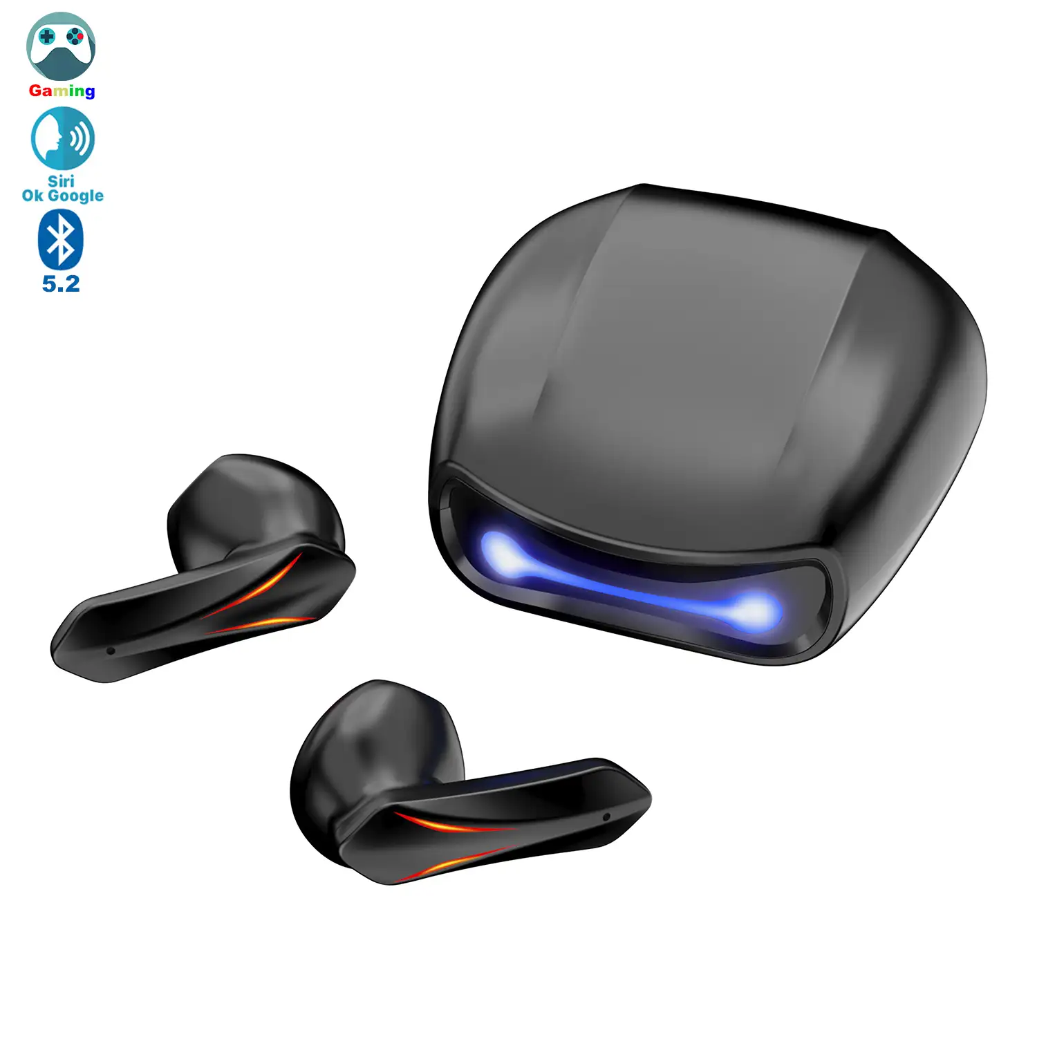 Auriculares R05 TWS, Bluetooth 5.2. Base de carga luces led RGB. Control táctil de reproducción musical y llamadas.