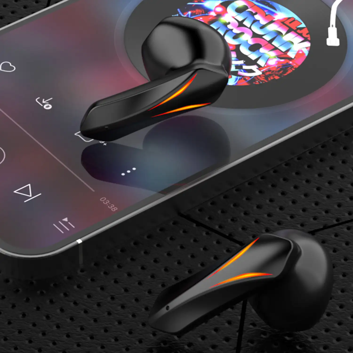 Auriculares R05 TWS, Bluetooth 5.2. Base de carga luces led RGB. Control táctil de reproducción musical y llamadas.