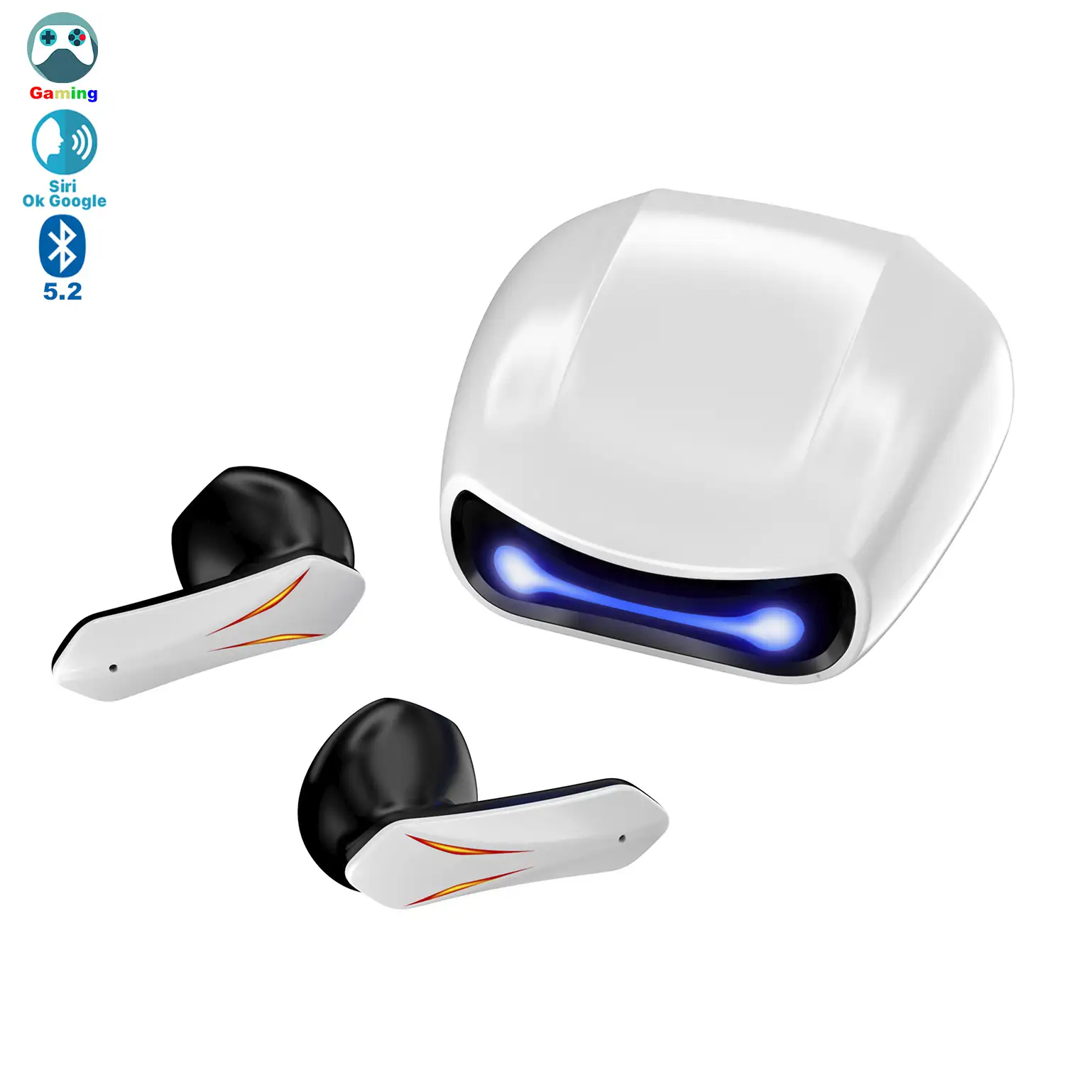 Auriculares R05 TWS, Bluetooth 5.2. Base de carga luces led RGB. Control táctil de reproducción musical y llamadas.