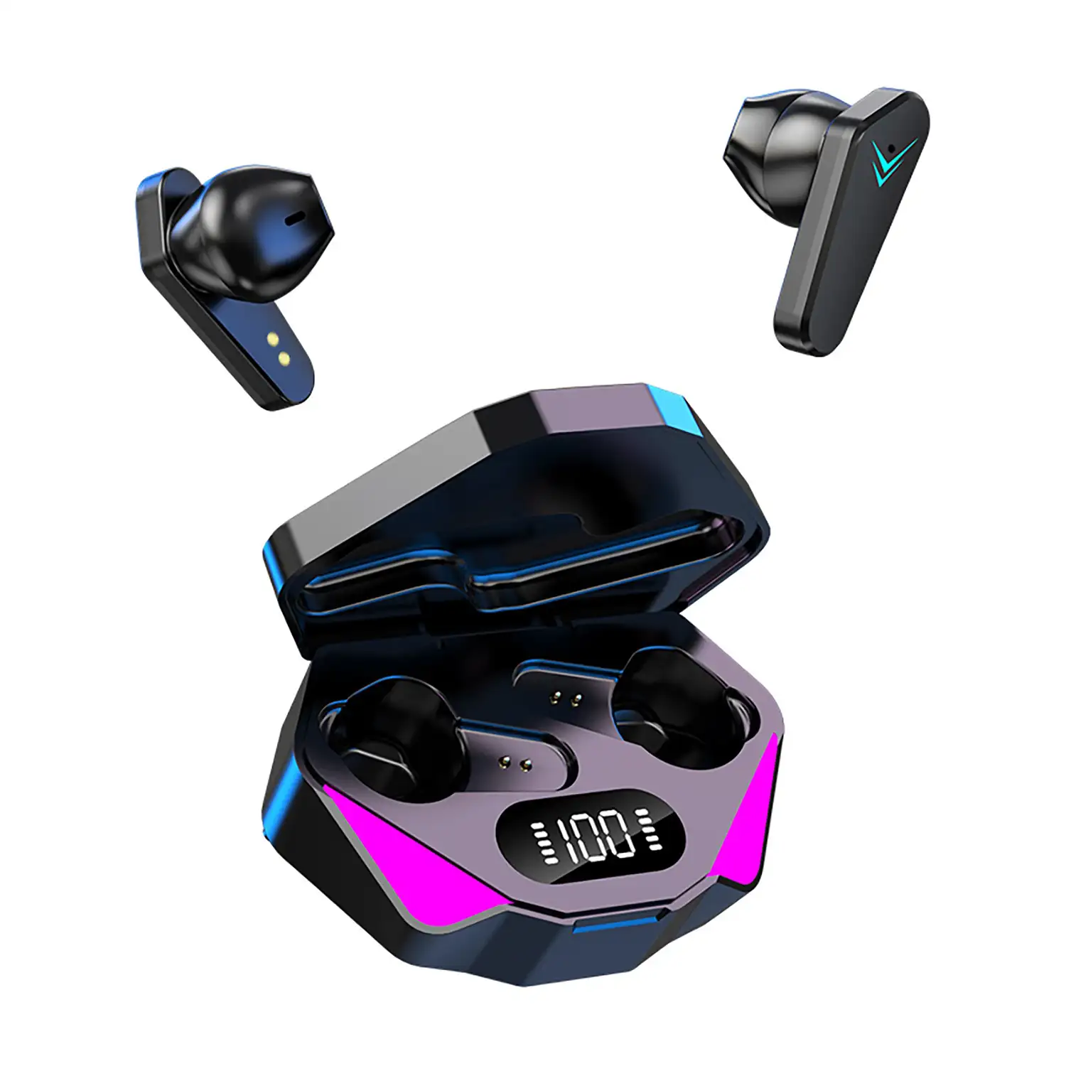 Auriculares Gaming X15 TWS, Bluetooth 5.0. Modos de sonido gaming y música. Base de carga con luces led RGB. Control táctil.